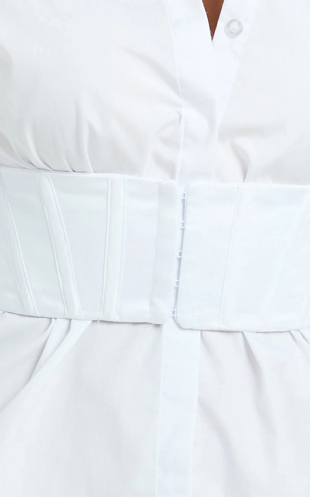 Athena Mini Dress - Collared Button Front Corset Waist Workwear Shirt Dress in White
