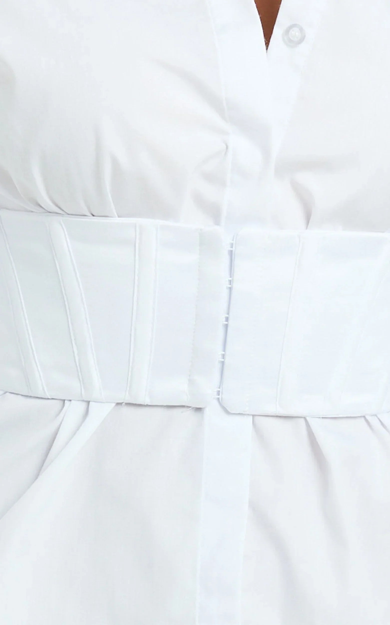 Athena Mini Dress - Collared Button Front Corset Waist Workwear Shirt Dress in White