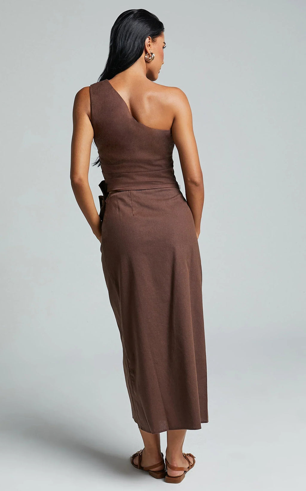 Genna Midi Skirt - Linen Look Wrap Skirt in Chocolate