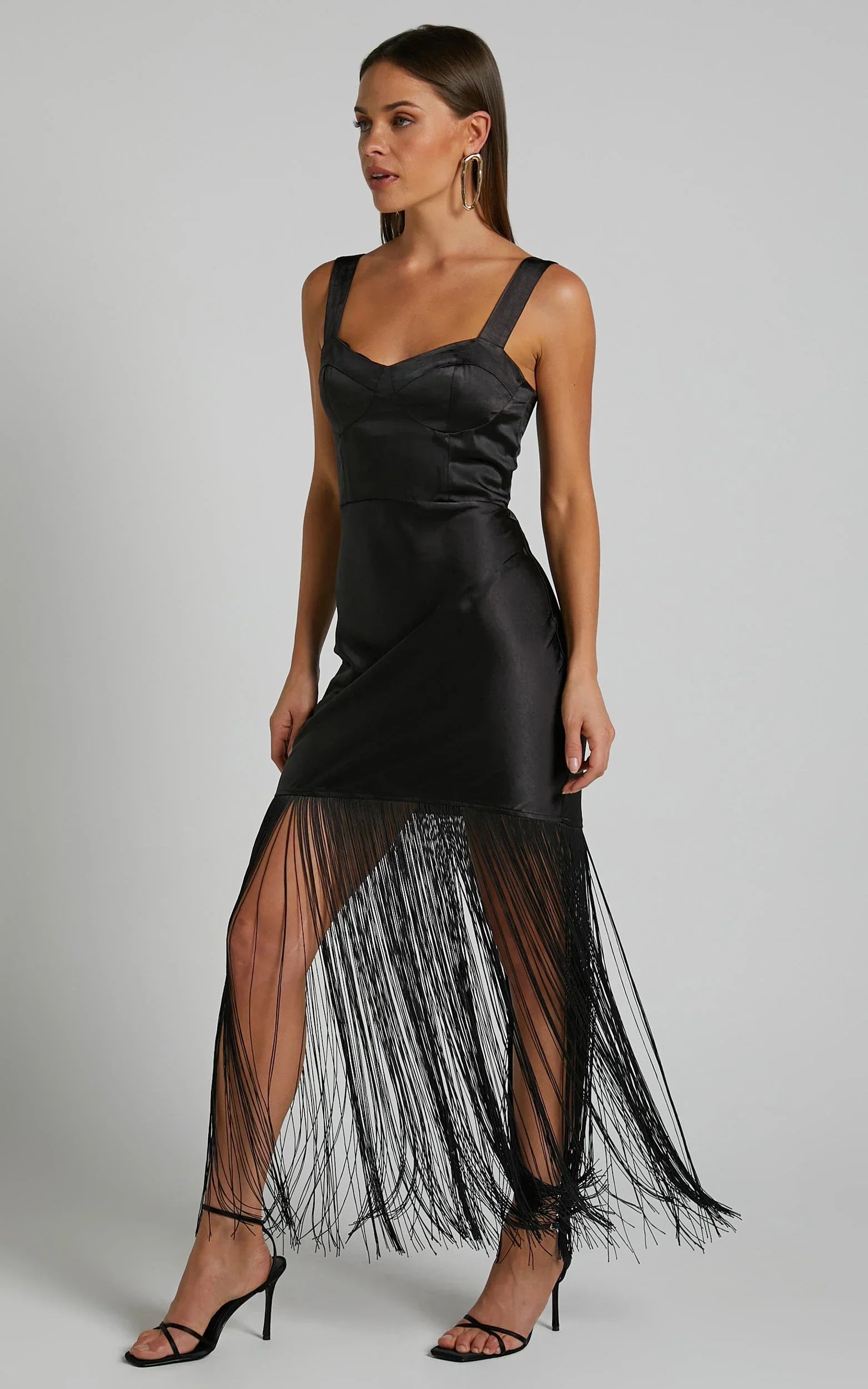 Eiren Midi Dress - Corset Bodice Fringe Detail Dress in Black
