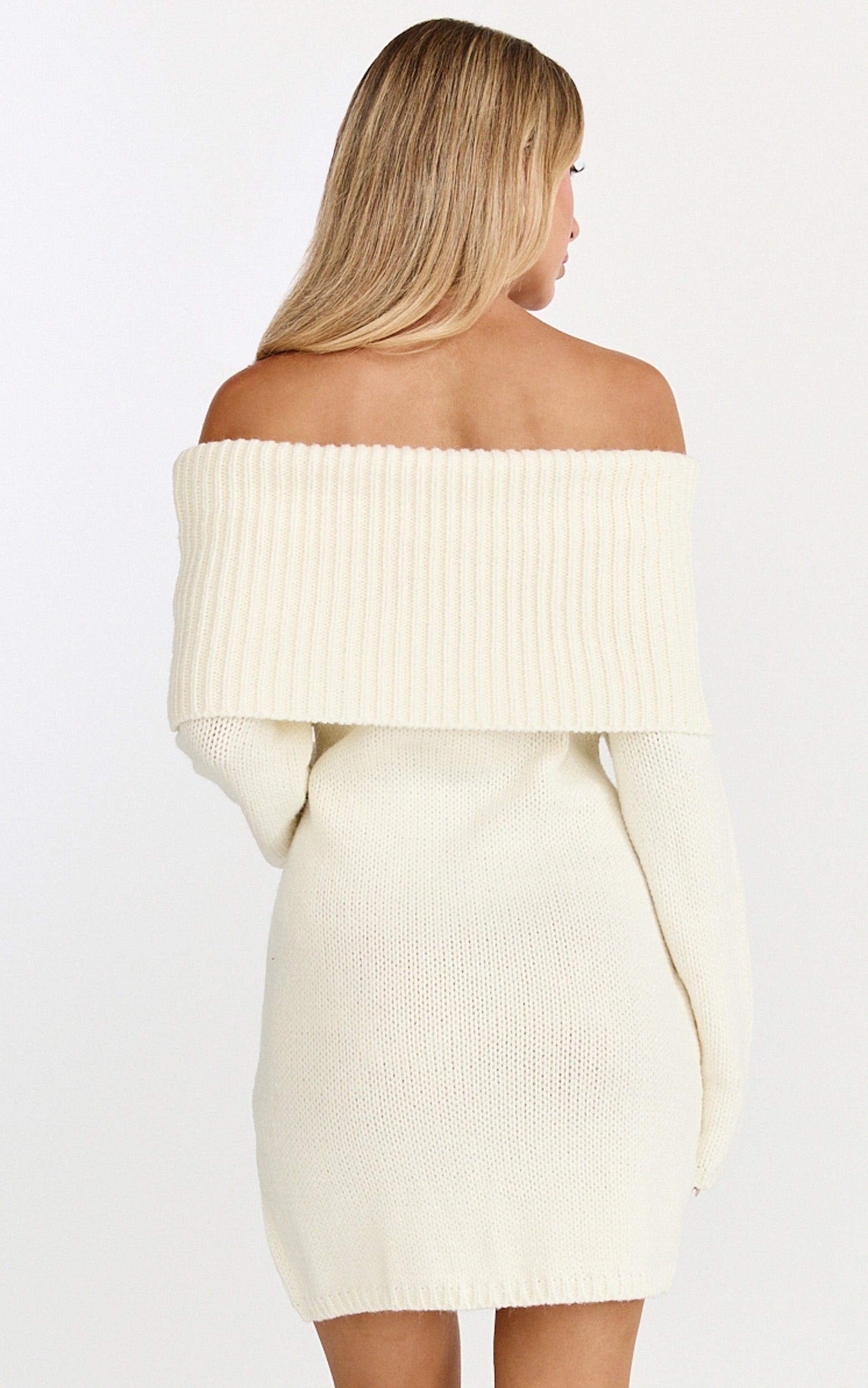 Erin Mini Dress - Cable Knit Off Shoulder Long Sleeve Dress in Cream