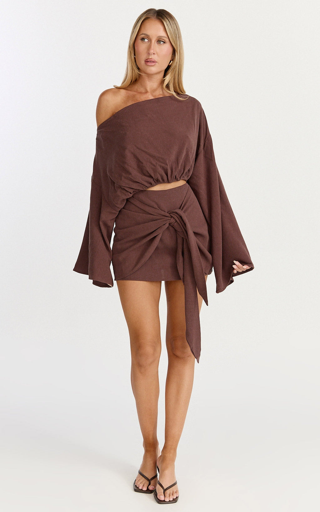 Elly Two Piece Top and Skirt Set - Asymmetric Neck Elastic Hem Top and Tie Front Wrap Mini Skirt Set in Chocolate