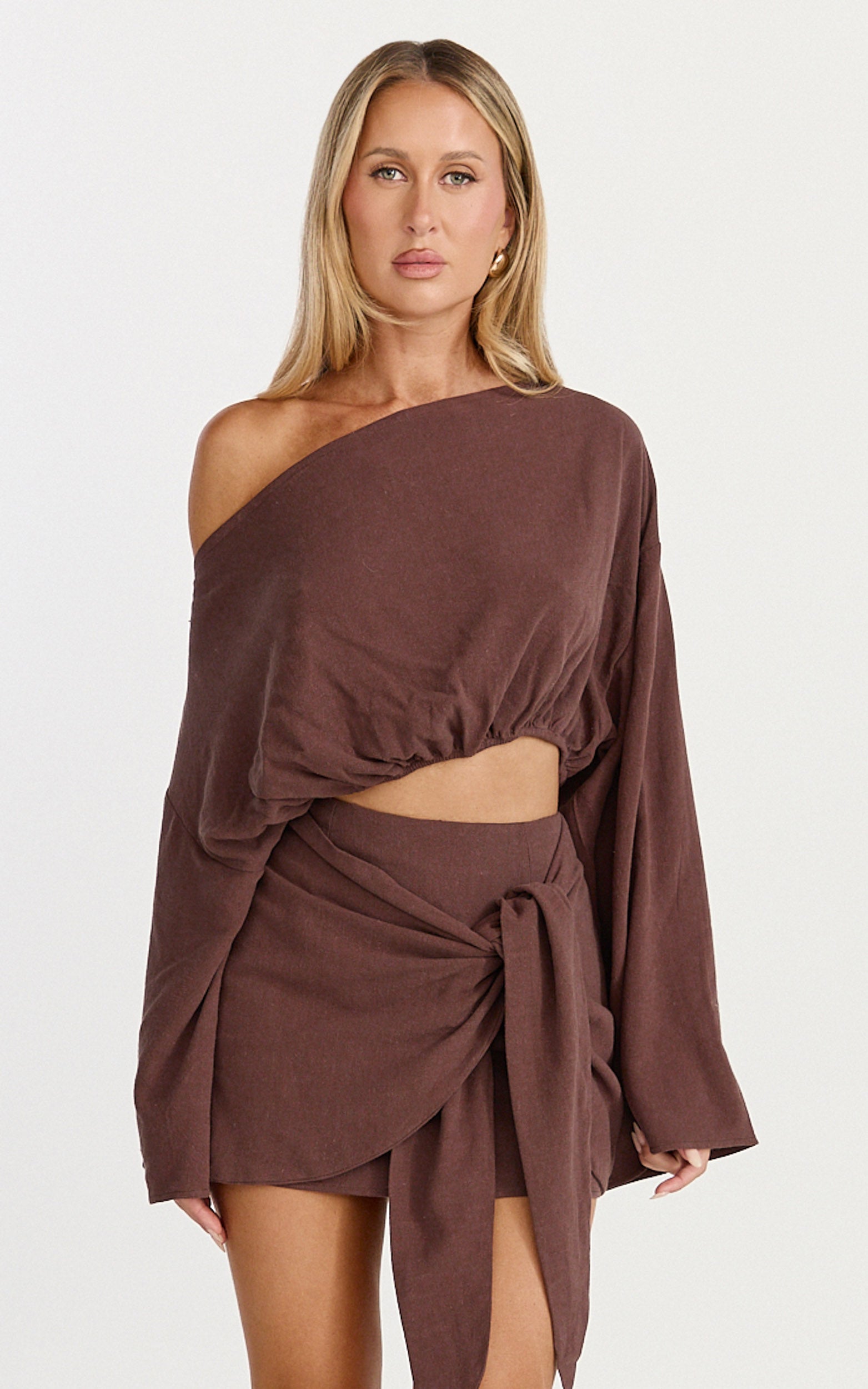Elly Two Piece Top and Skirt Set - Asymmetric Neck Elastic Hem Top and Tie Front Wrap Mini Skirt Set in Chocolate