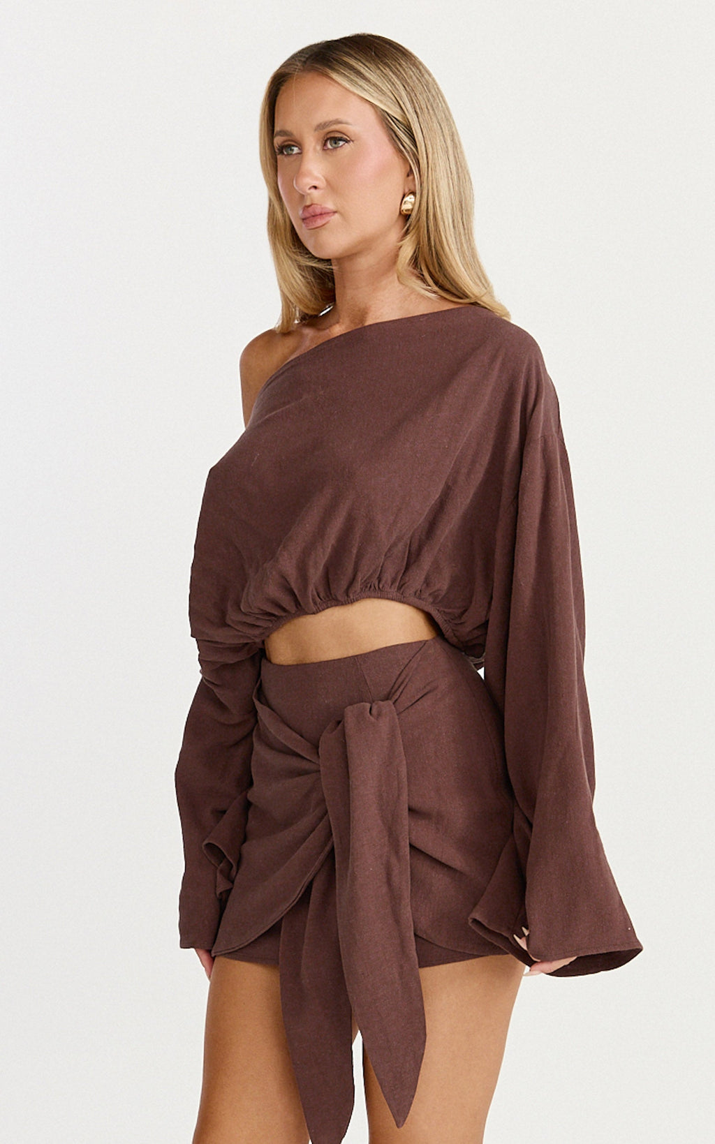 Elly Two Piece Top and Skirt Set - Asymmetric Neck Elastic Hem Top and Tie Front Wrap Mini Skirt Set in Chocolate