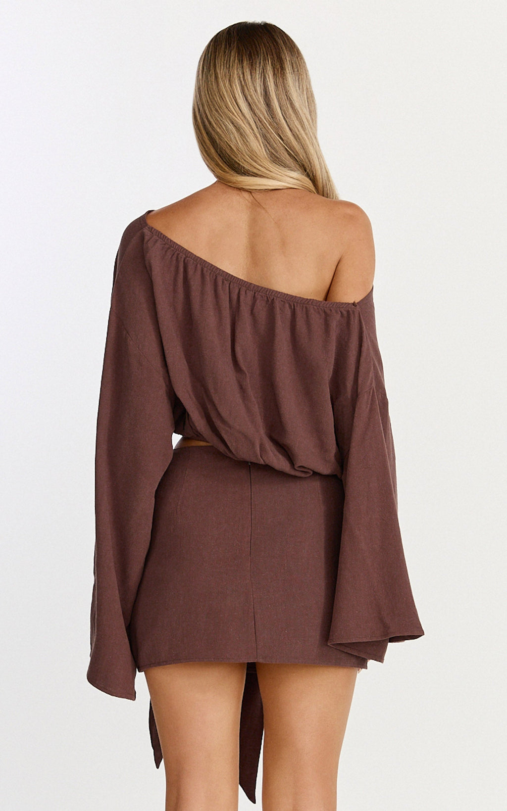 Elly Two Piece Top and Skirt Set - Asymmetric Neck Elastic Hem Top and Tie Front Wrap Mini Skirt Set in Chocolate