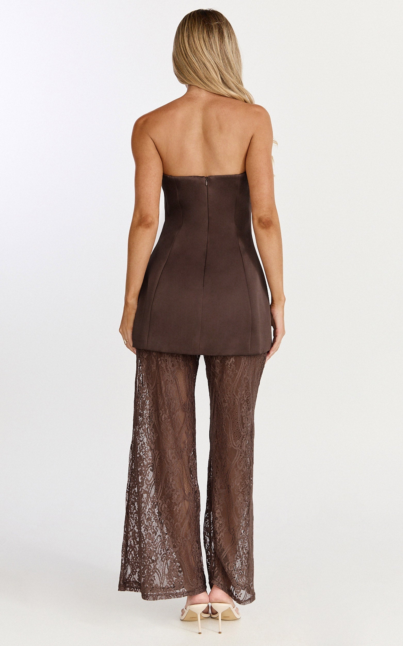 Vivienne Two Piece Set - Strapless Top & Lace Pant Set in Mocha