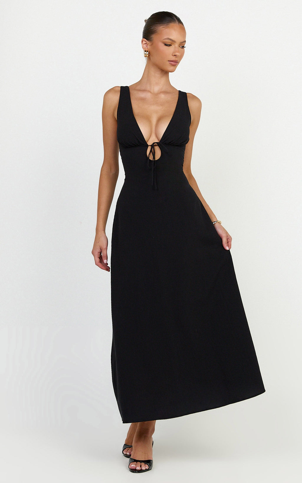 Silvena Midi Dress - Plunge Neckline Tie Front A Line Dress in Black