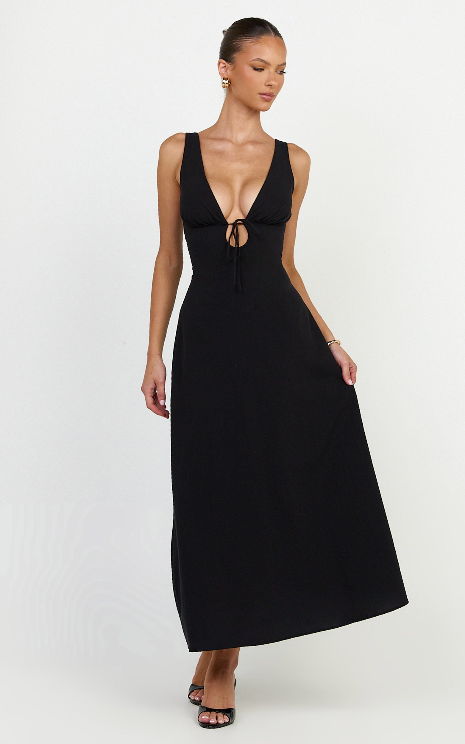 Silvena Midi Dress - Plunge Neckline Tie Front A Line Dress in Black