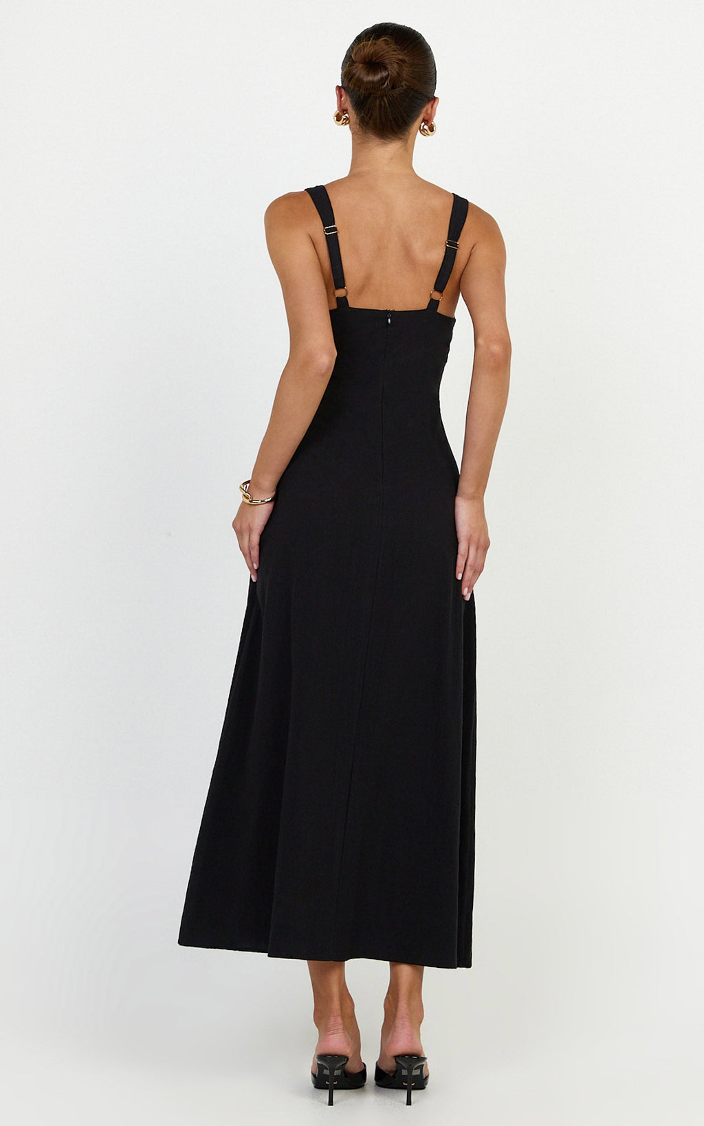 Silvena Midi Dress - Plunge Neckline Tie Front A Line Dress in Black