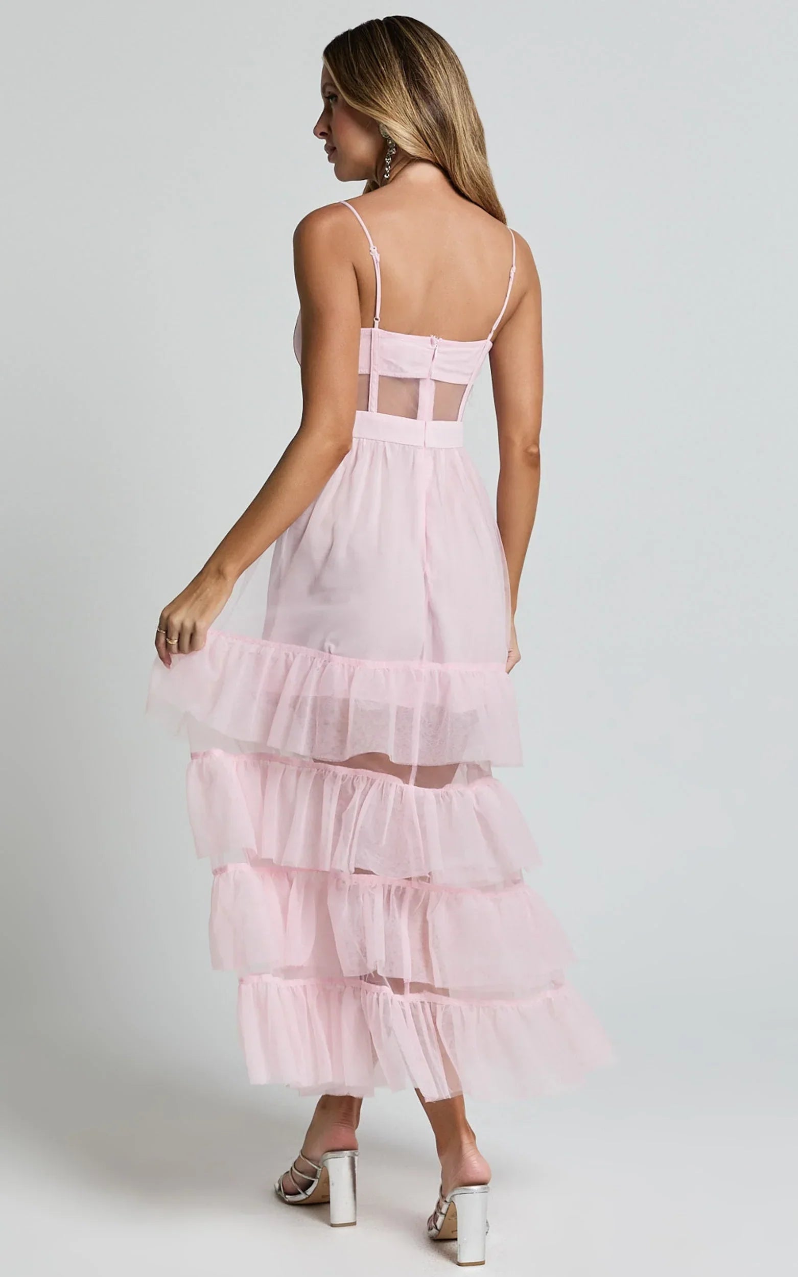 Evelynn Midi Dress - Sweetheart Corset Bodice Fit & Flare Tiered in Ballet Pink