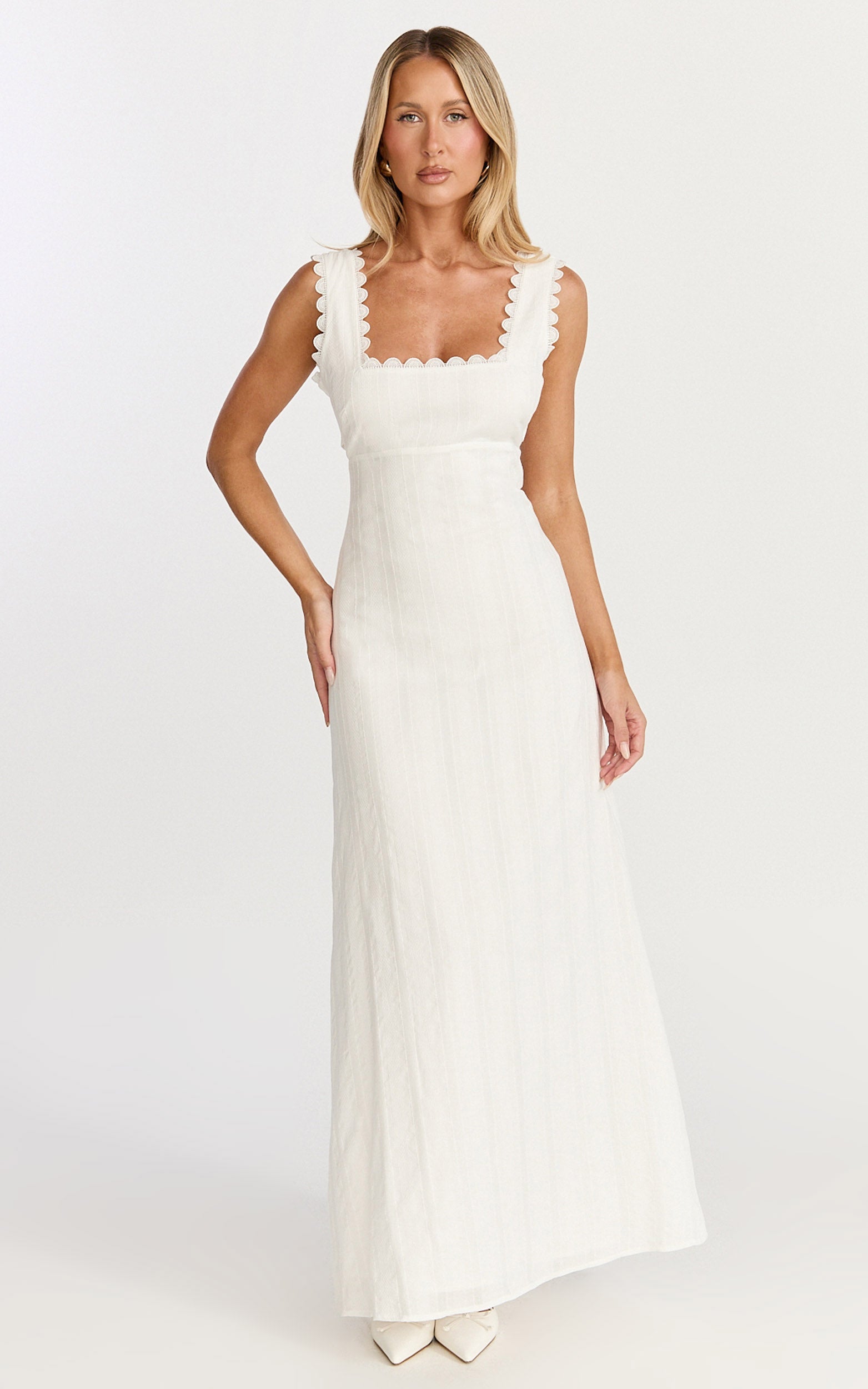 Roxanne Midi Dress - Square Neck Fit And Flare Dress in White