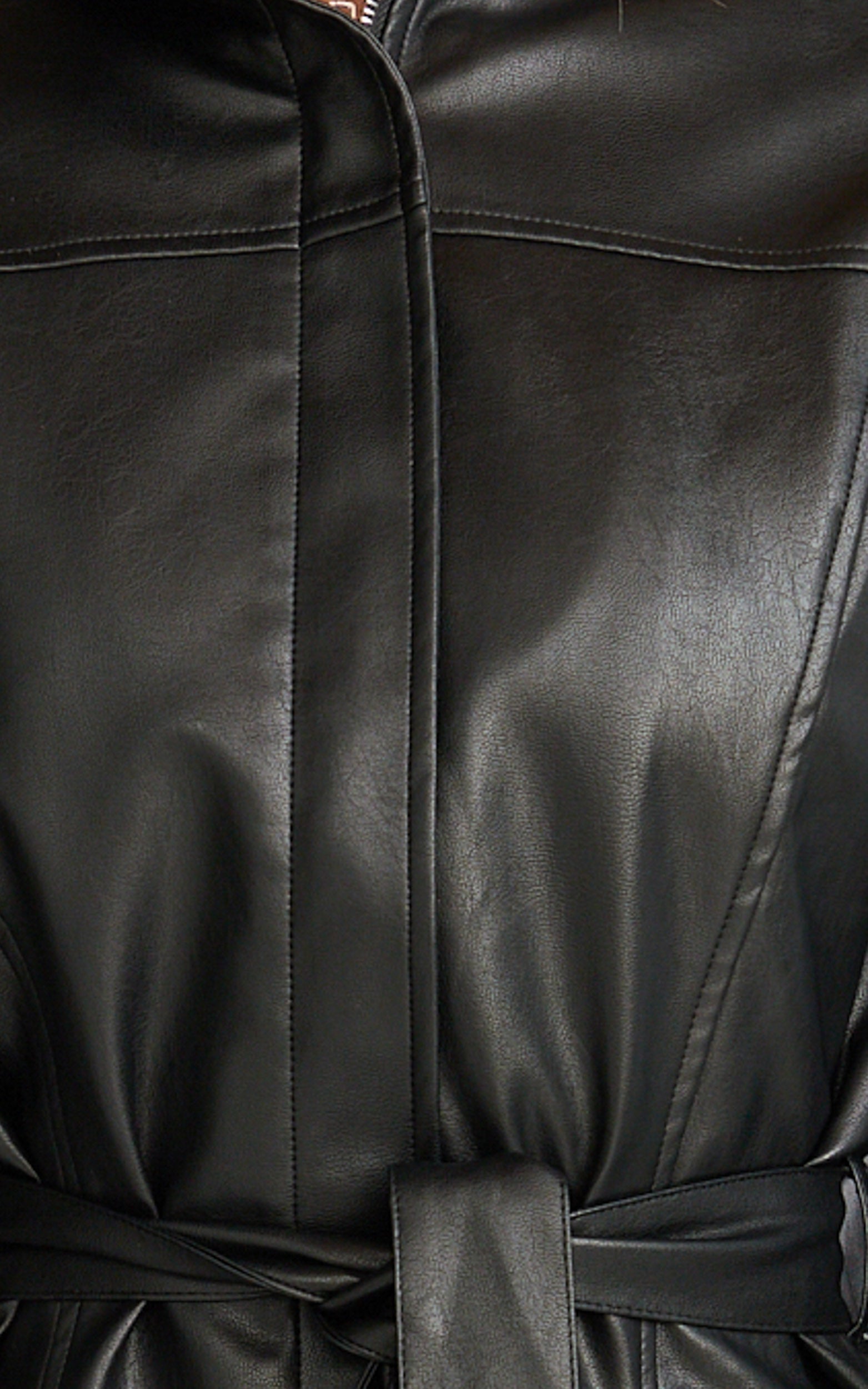 Orielle Jacket - Faux Leather Belted Funnel Neck Jacket in Black