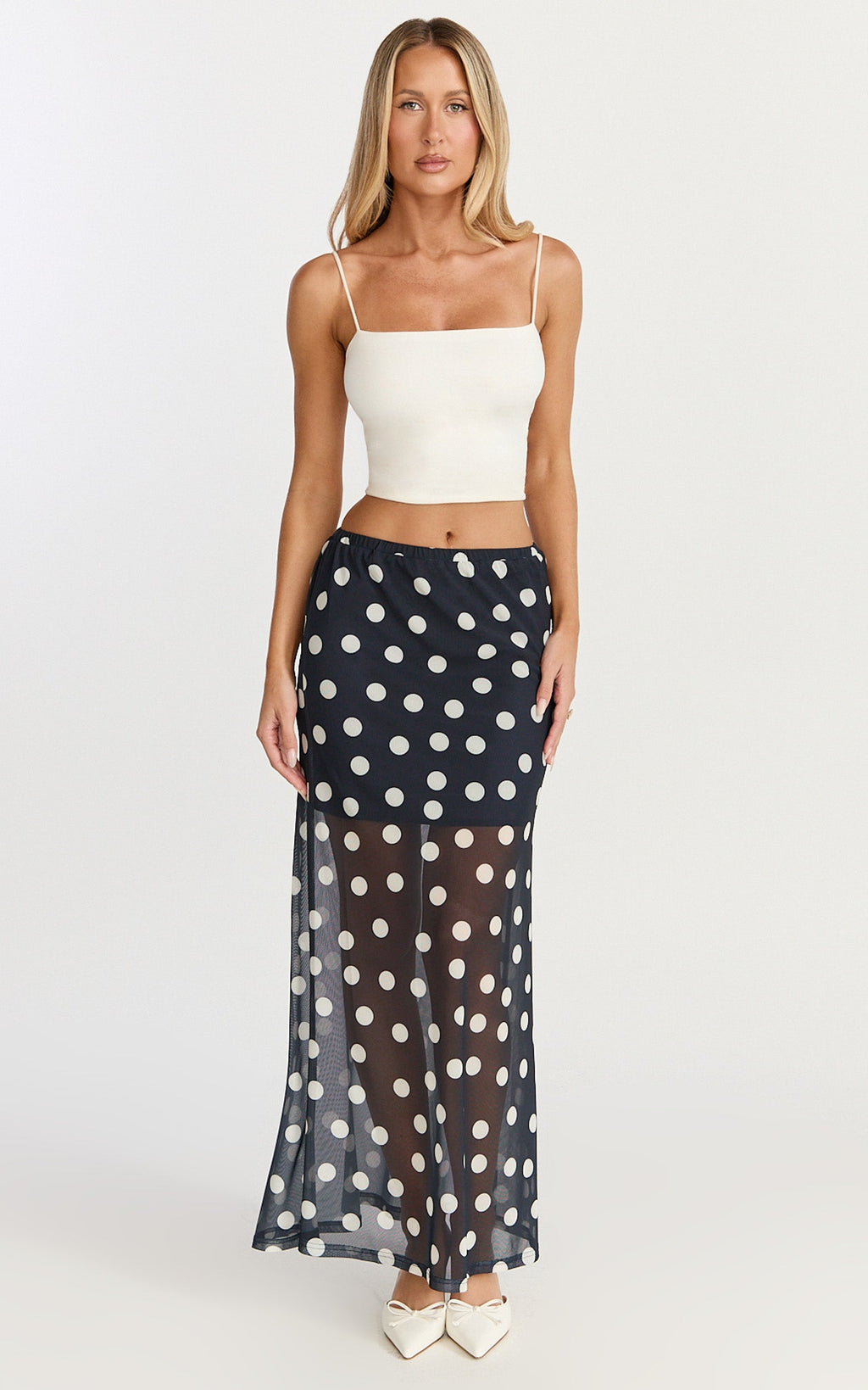 Ella Midi Skirt - Sheer Layered Skirt in Navy Polka Dot