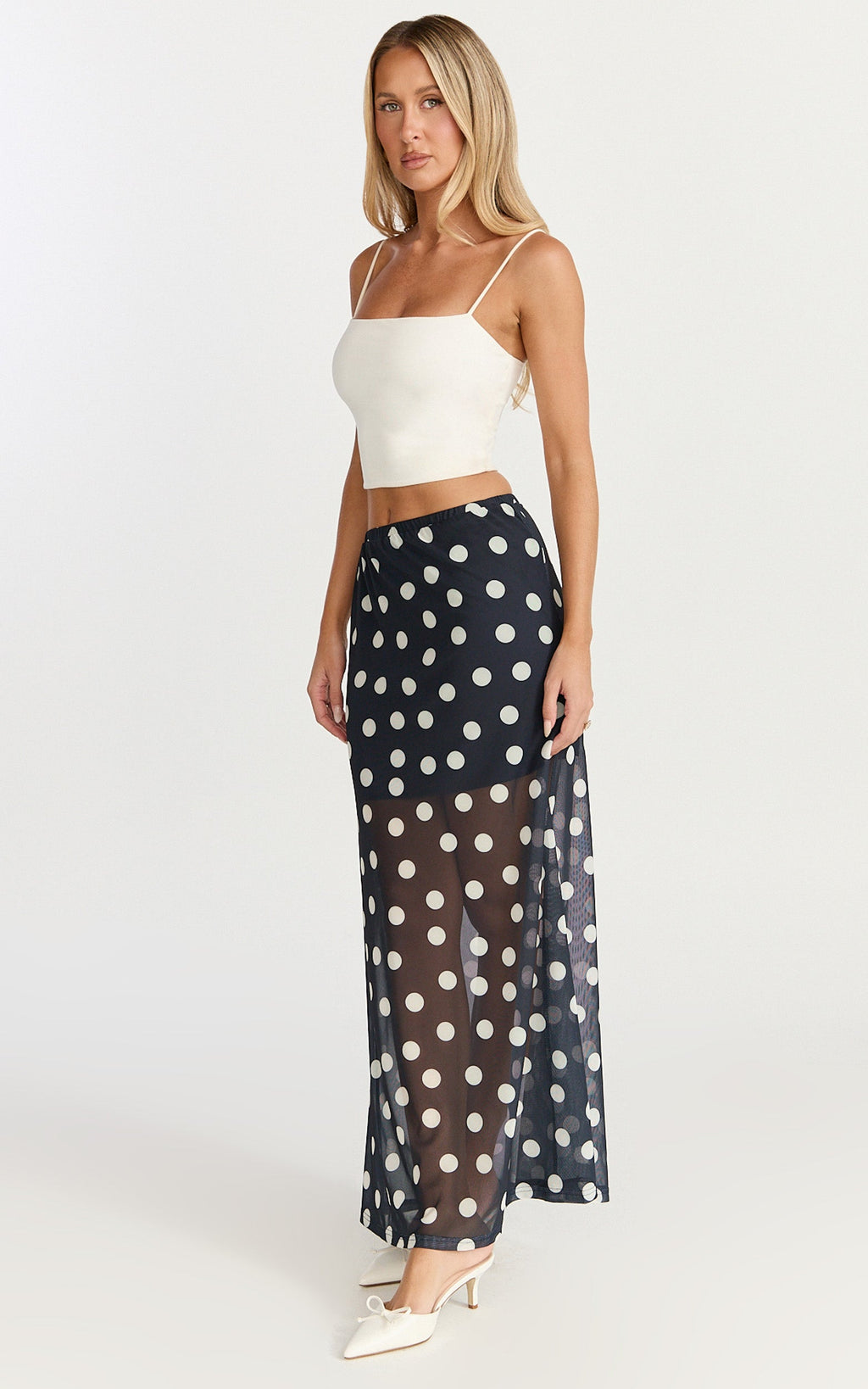 Ella Midi Skirt - Sheer Layered Skirt in Navy Polka Dot