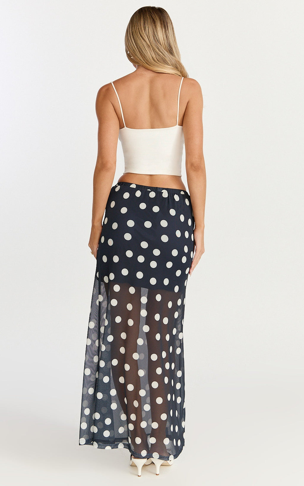 Ella Midi Skirt - Sheer Layered Skirt in Navy Polka Dot