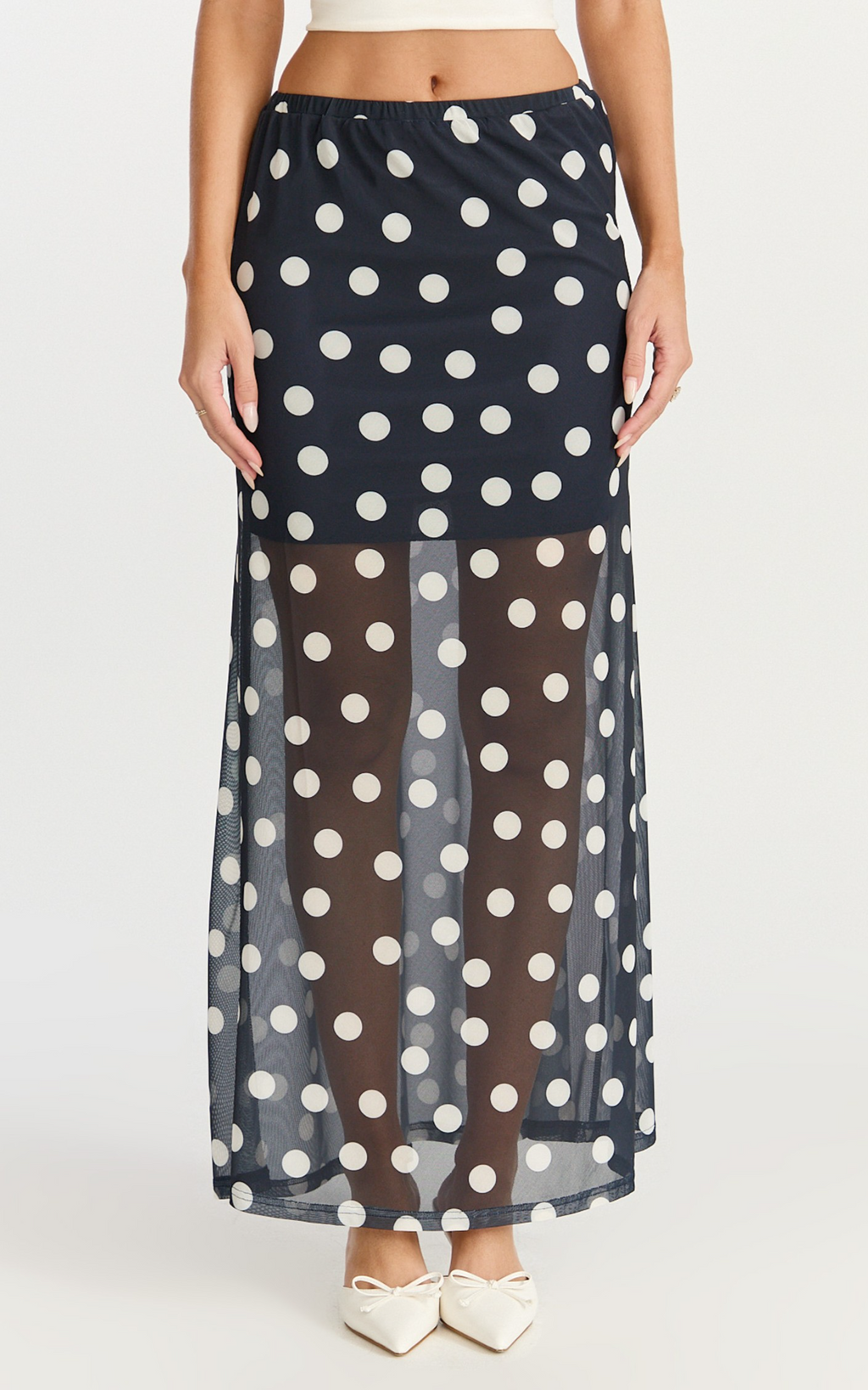 Ella Midi Skirt - Sheer Layered Skirt in Navy Polka Dot