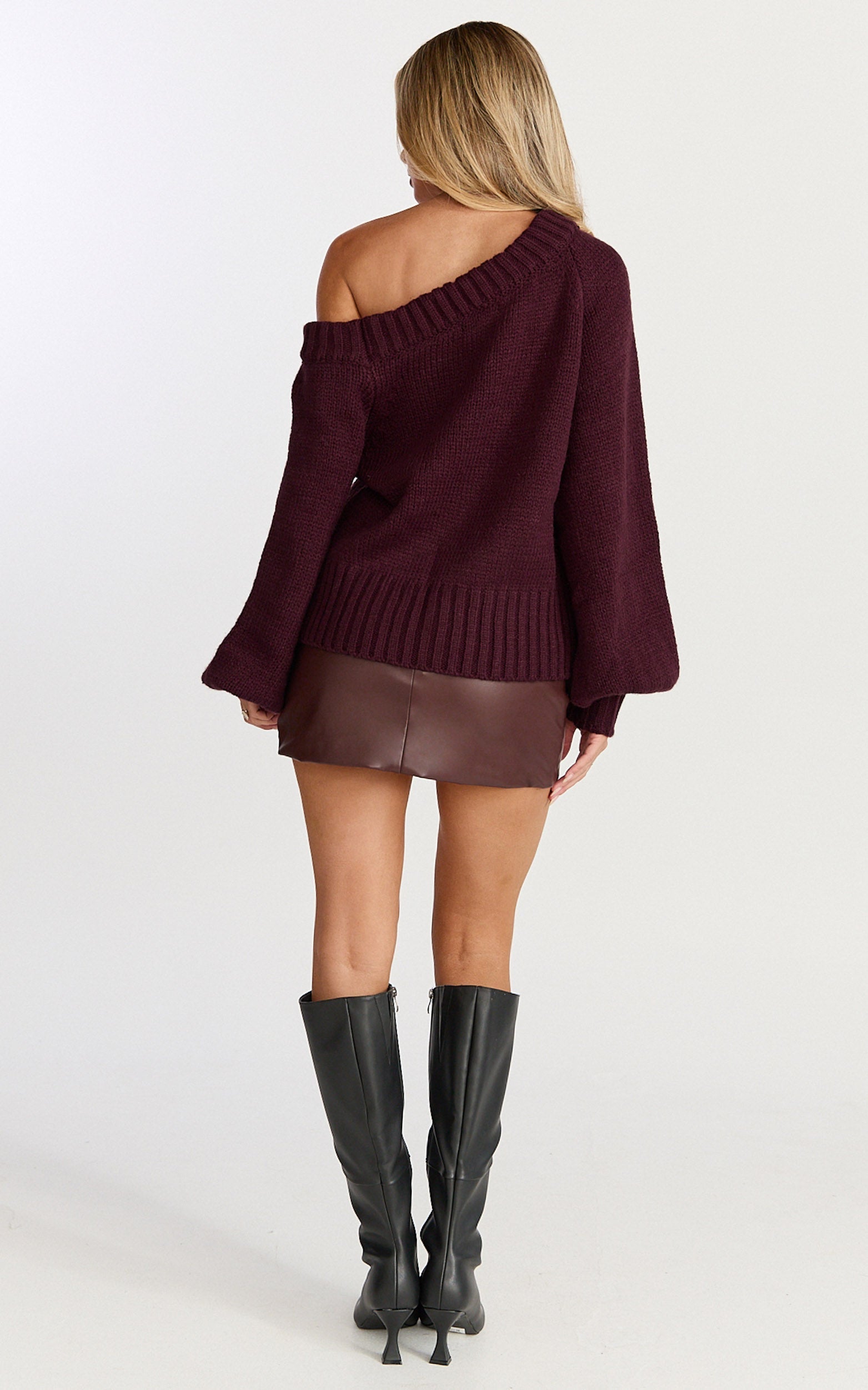 Erin Jumper - Cable Knit Off Shoulder Jumper in Wine