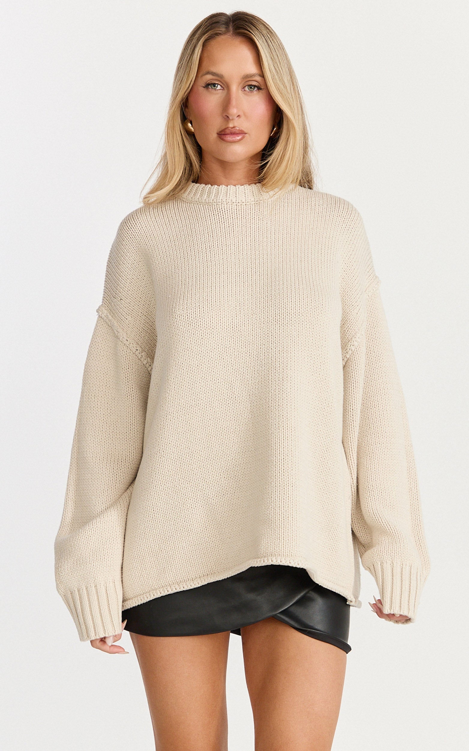 Kira Top - Crew Neck Oversized Jumper in Beige