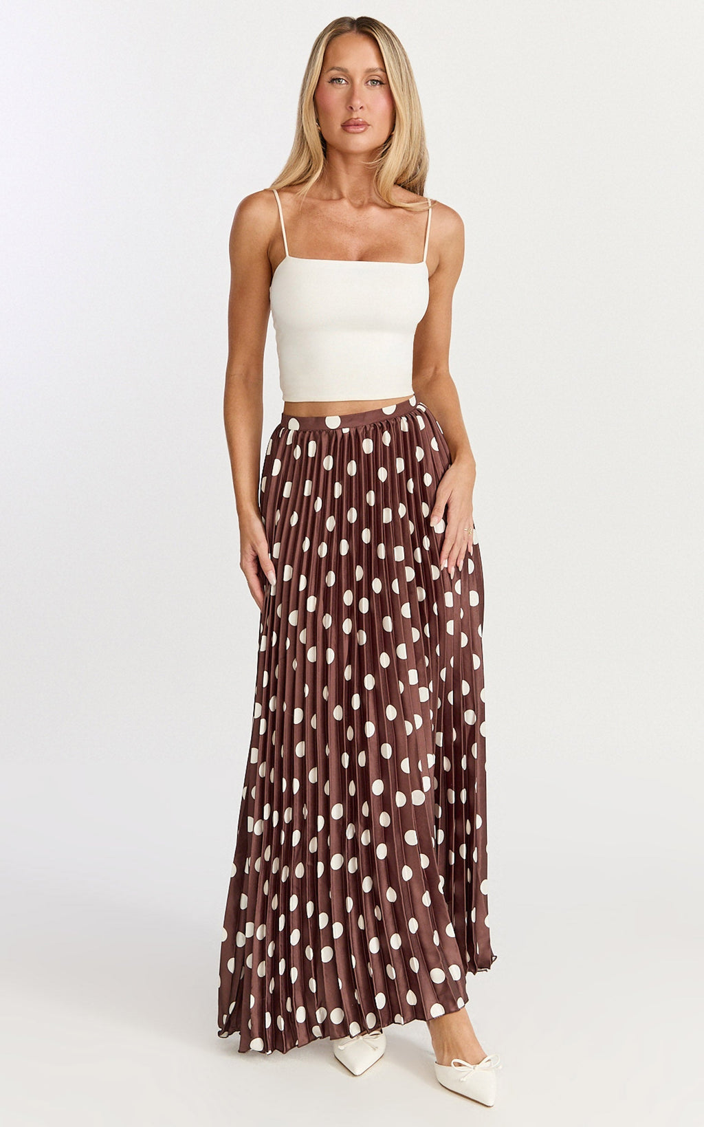 Renee Maxi Skirt - Pleated High Waist A Line Skirt in Chocolate Polkadot