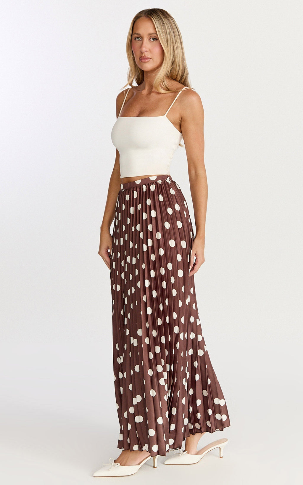 Renee Maxi Skirt - Pleated High Waist A Line Skirt in Chocolate Polkadot