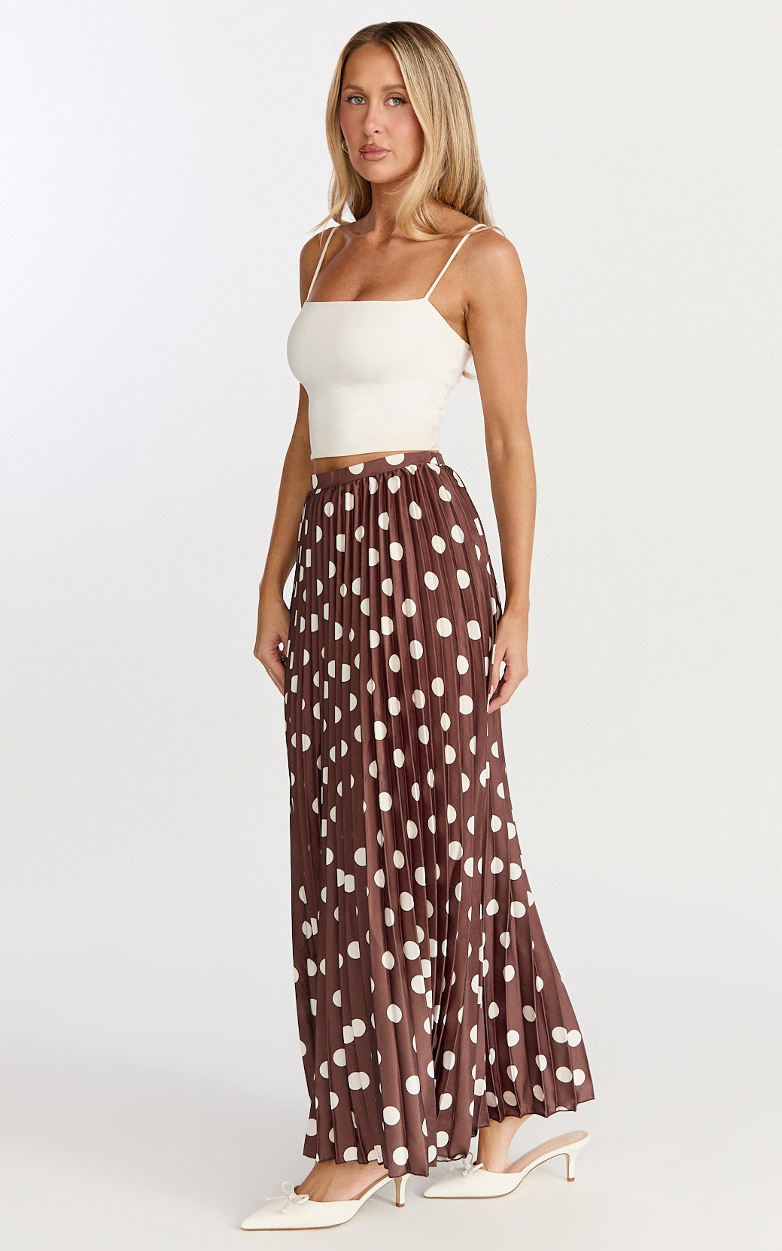 Renee Maxi Skirt - Pleated High Waist A Line Skirt in Chocolate Polkadot