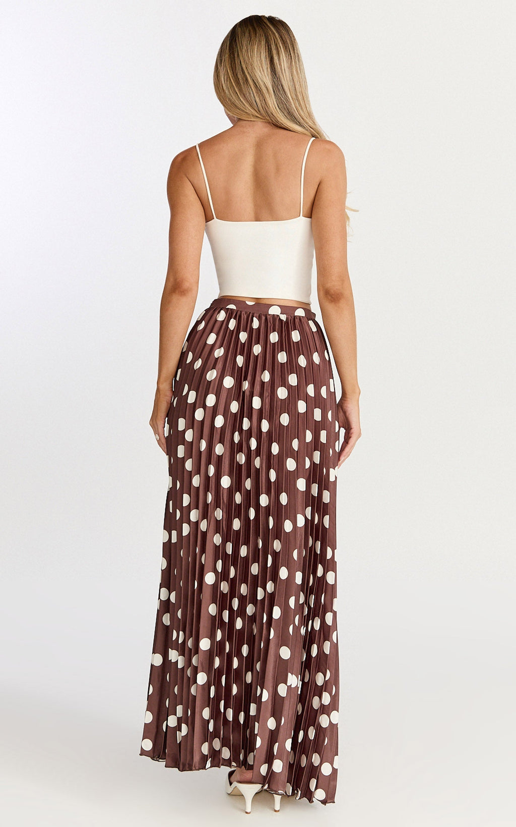 Renee Maxi Skirt - Pleated High Waist A Line Skirt in Chocolate Polkadot