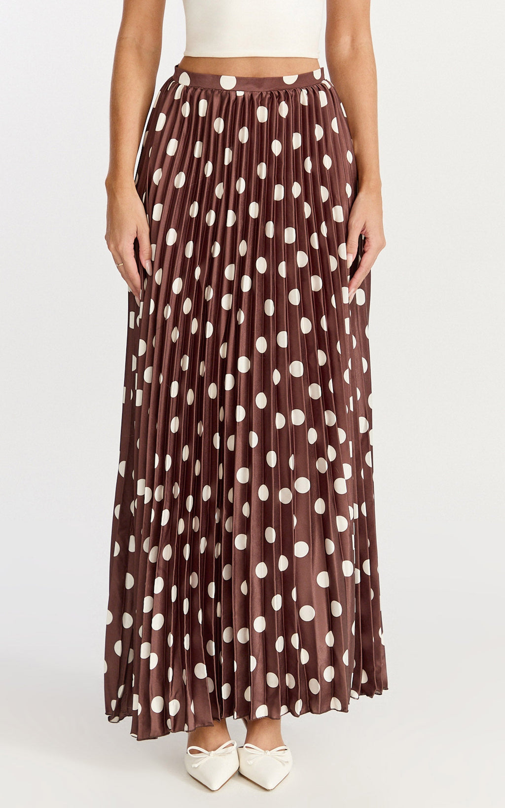 Renee Maxi Skirt - Pleated High Waist A Line Skirt in Chocolate Polkadot