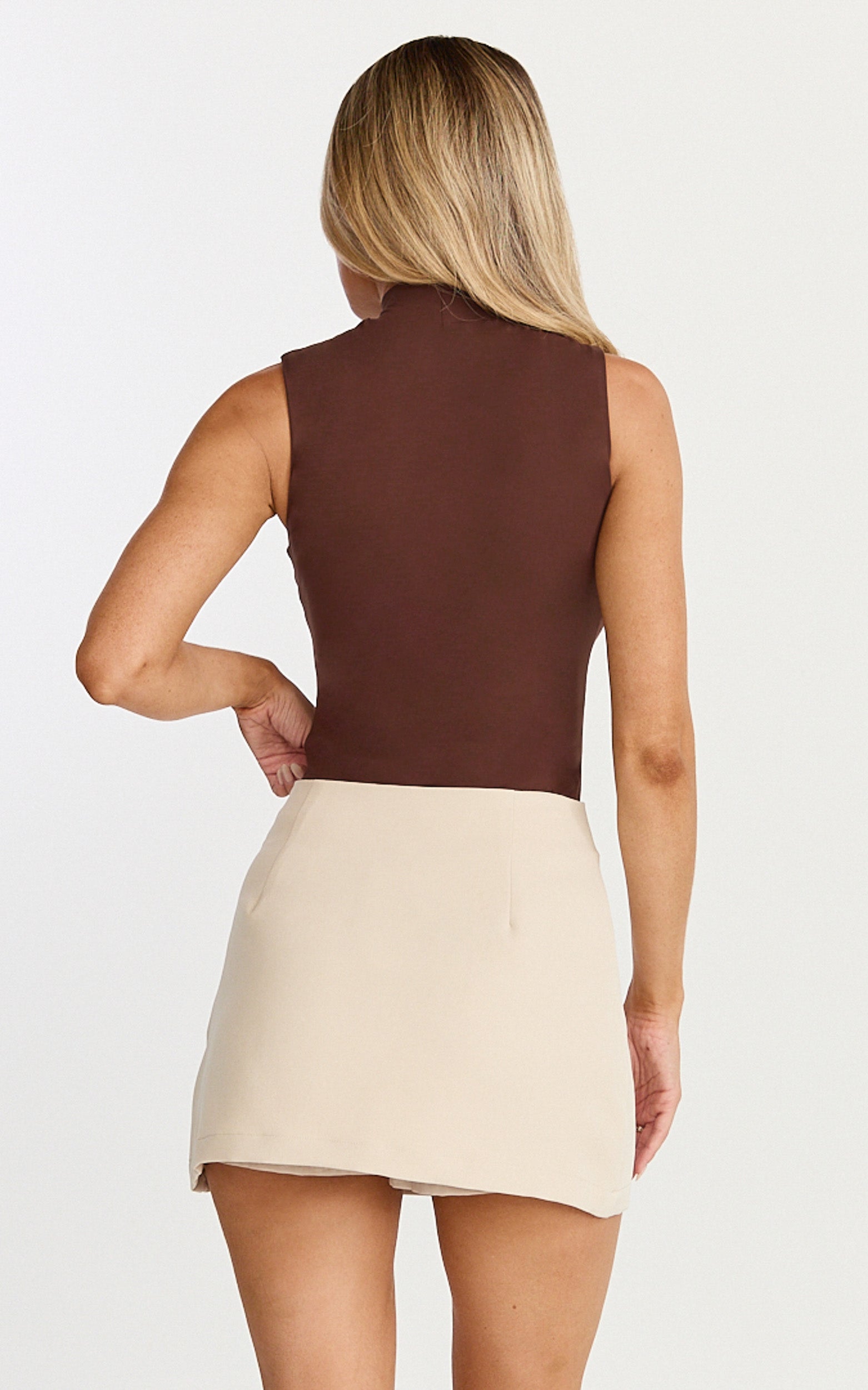Caitlyn Top - High Neck Sleeveless Tank Top in Chocolate