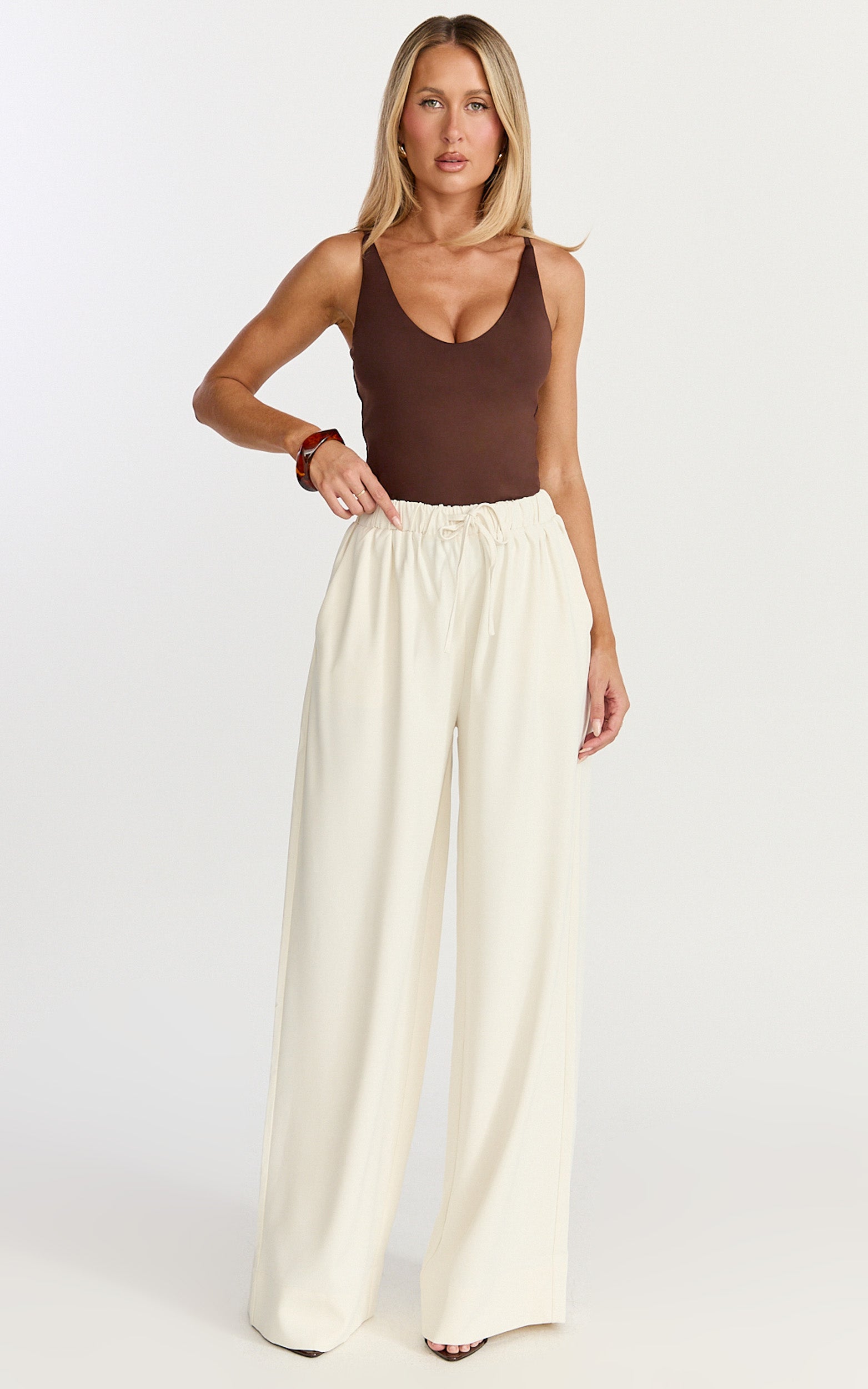 Nicole Pants - High Waist Elasticated Gathered Waist Wide Leg Pants in Cream