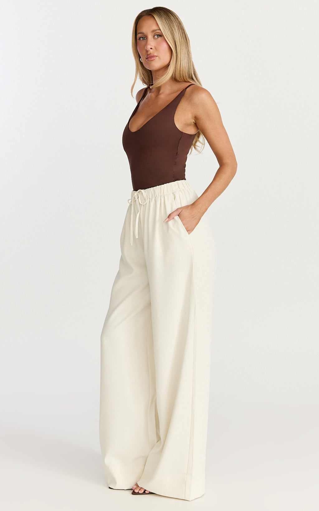 Nicole Pants - High Waist Elasticated Gathered Waist Wide Leg Pants in Cream
