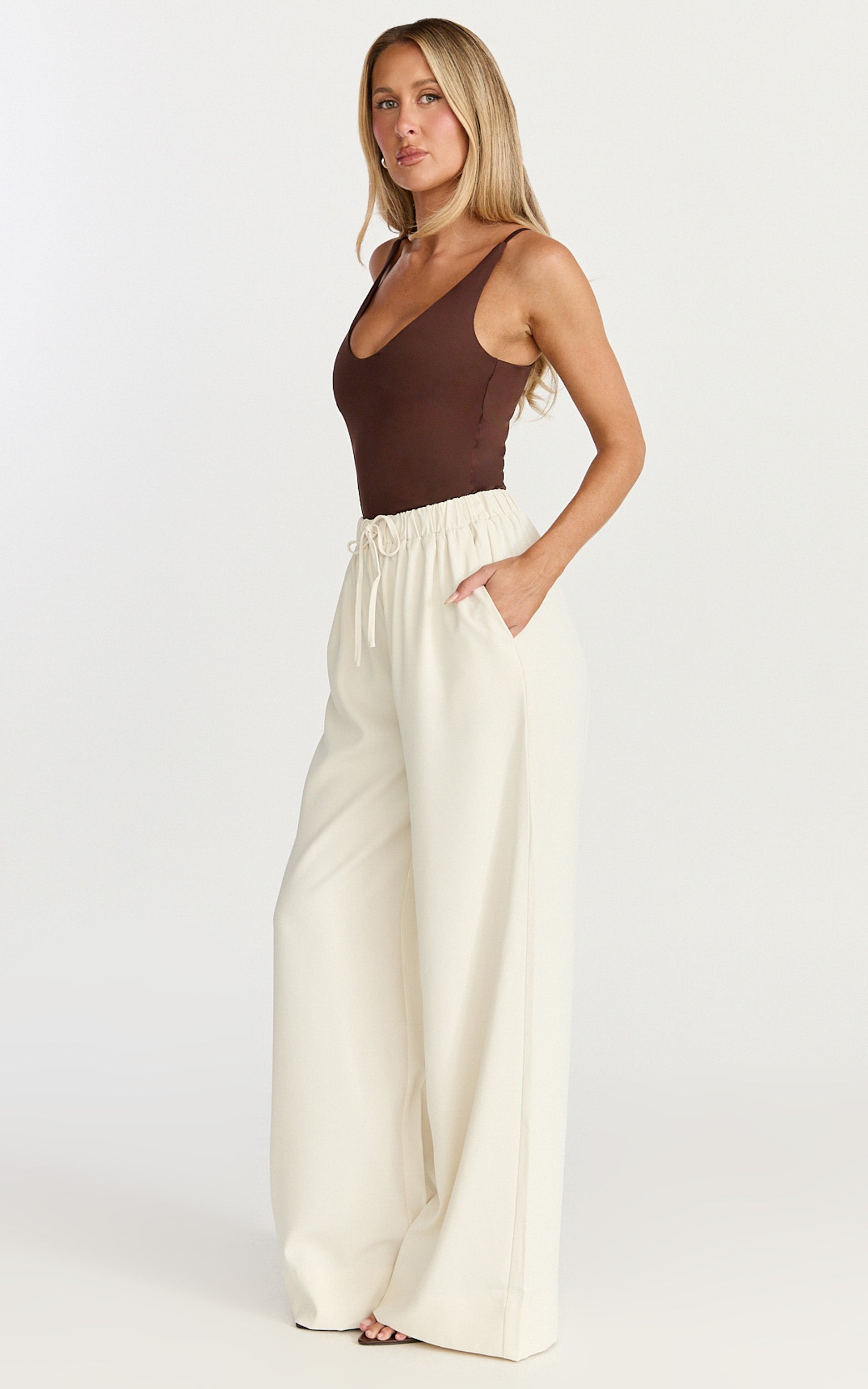 Nicole Pants - High Waist Elasticated Gathered Waist Wide Leg Pants in Cream