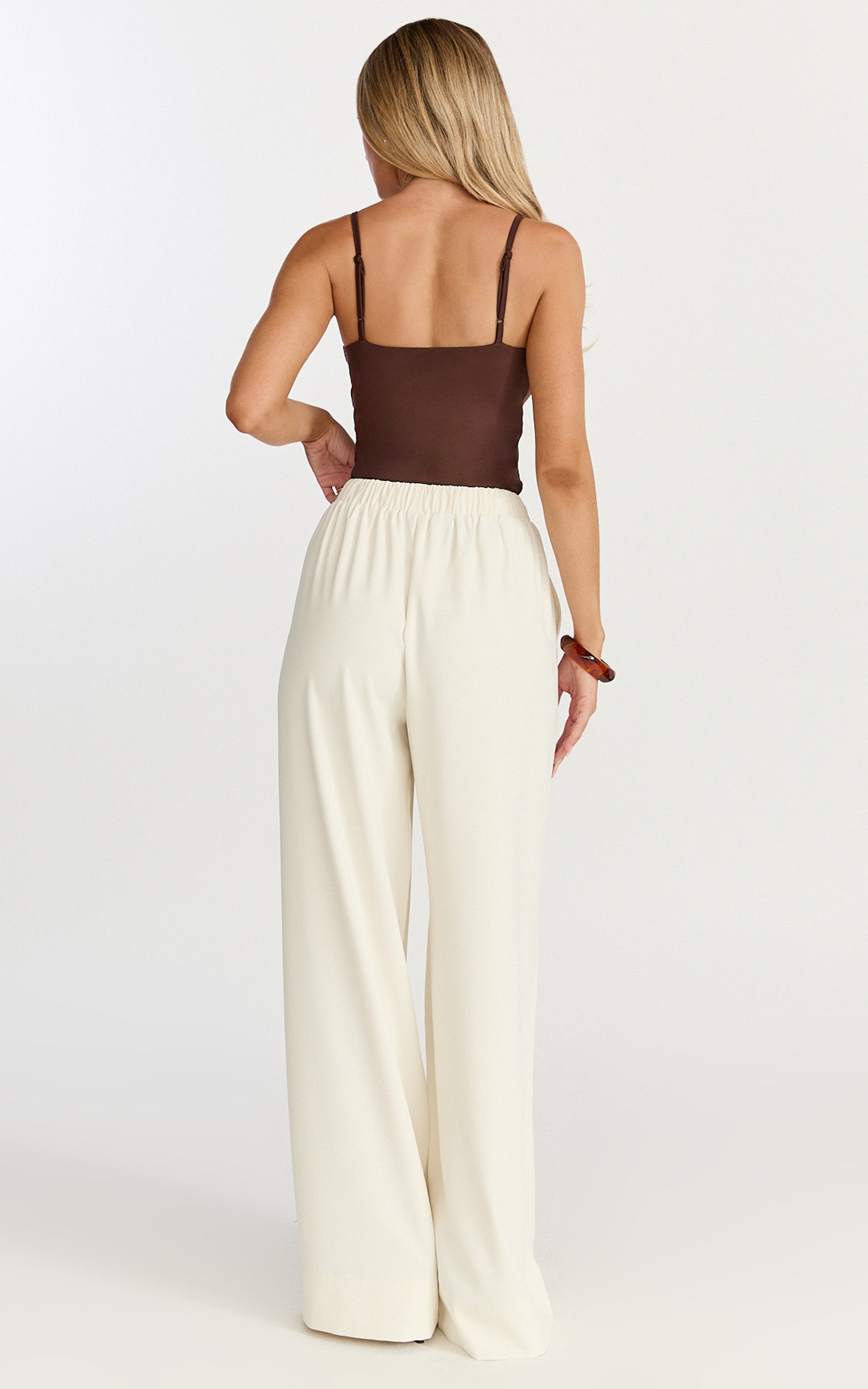 Nicole Pants - High Waist Elasticated Gathered Waist Wide Leg Pants in Cream