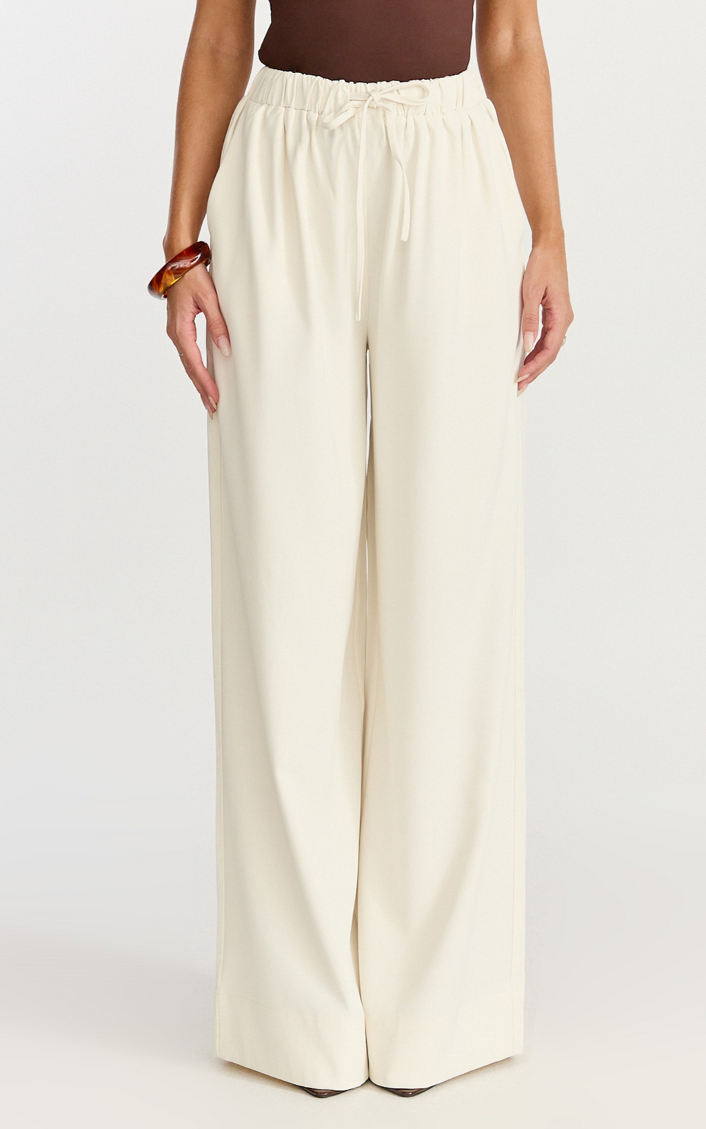 Nicole Pants - High Waist Elasticated Gathered Waist Wide Leg Pants in Cream
