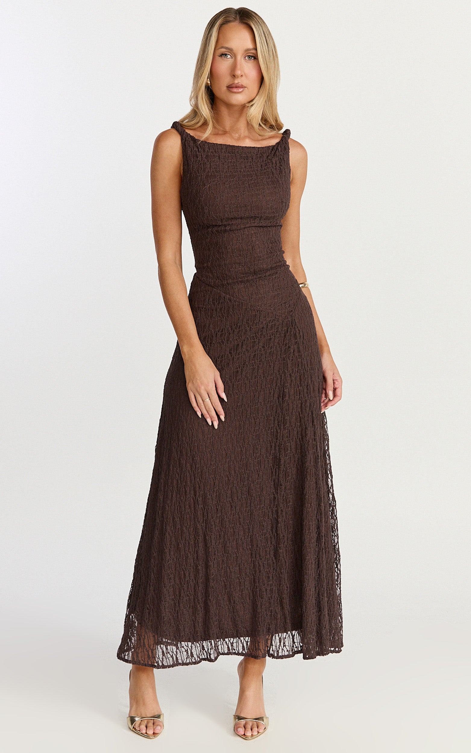 Abby Midi Dress - High Neck Asym Detail Dress in Chocolate