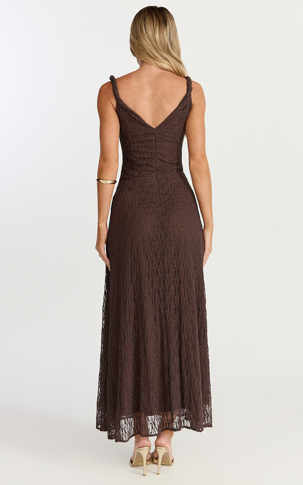 Abby Midi Dress - High Neck Asym Detail Dress in Chocolate