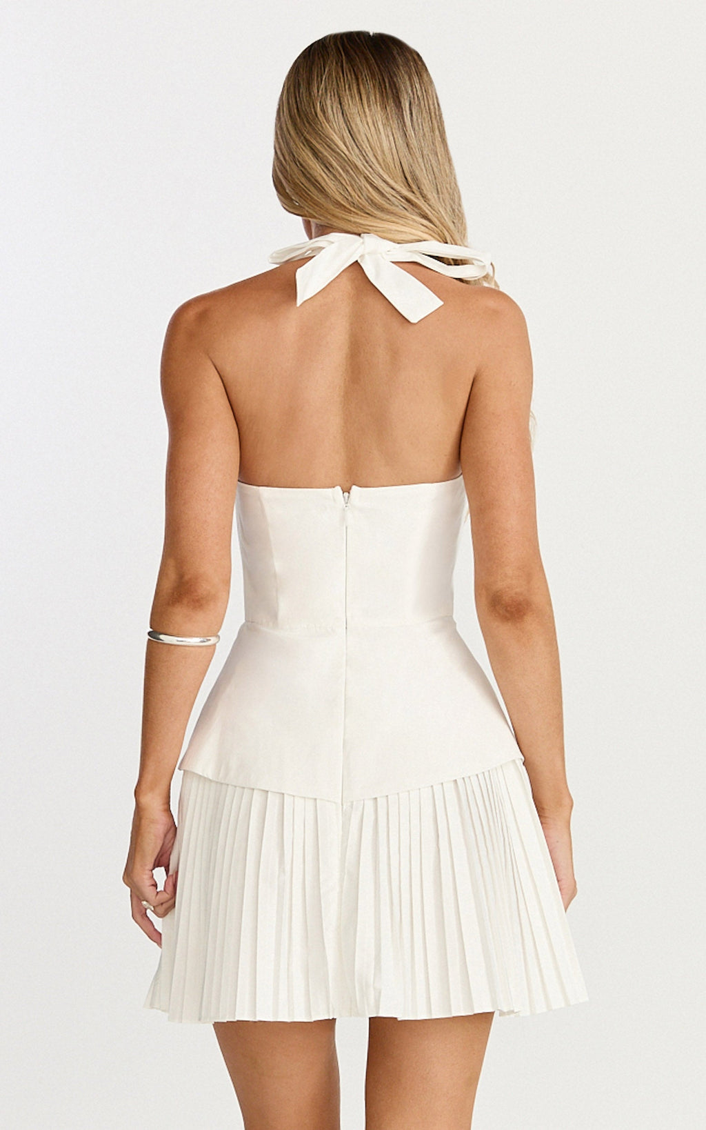 Calla Mini Dress - Halter Neck Peplum Pleated Skirt Dress in Off White