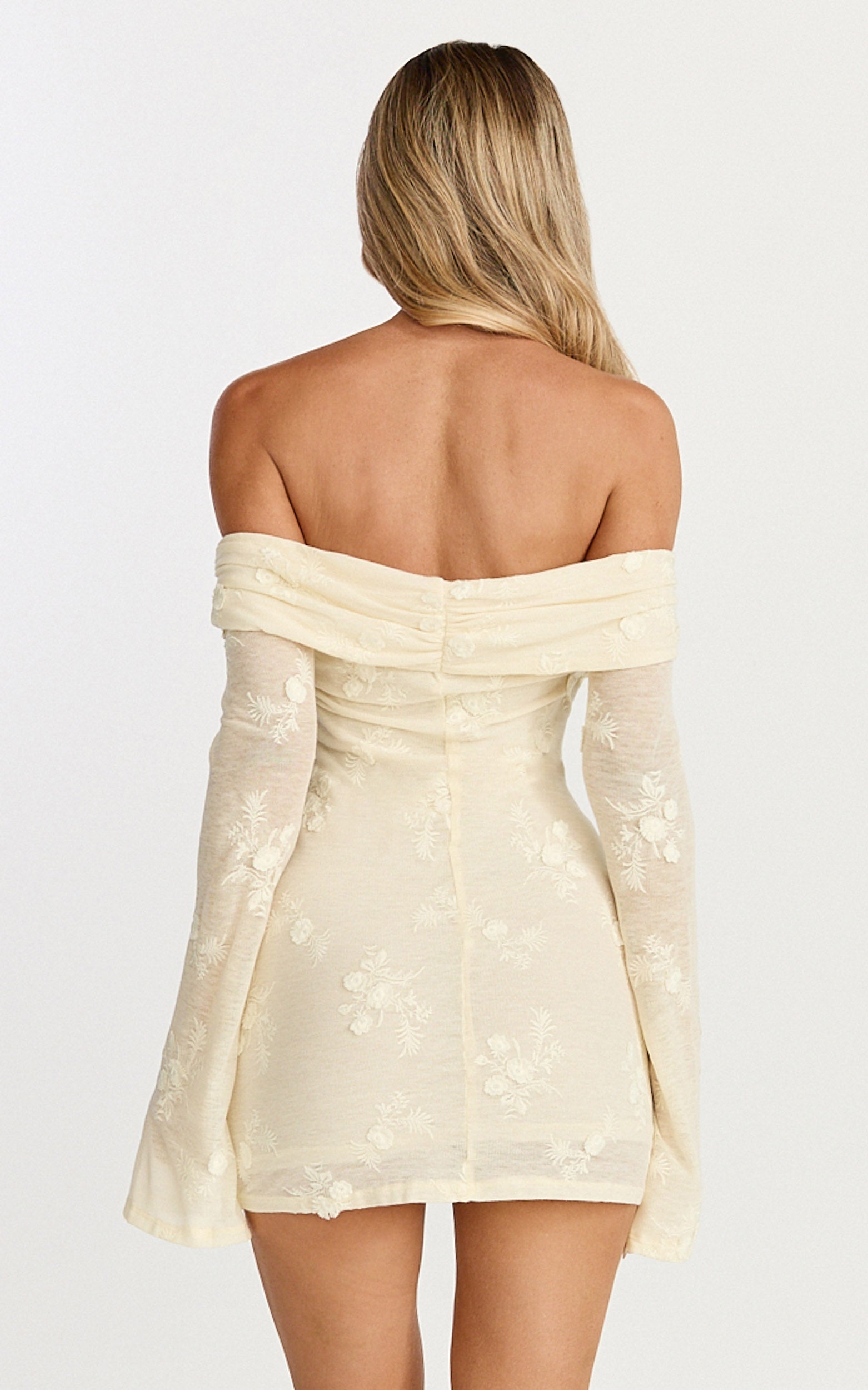 Raymond Mini Dress - Off Shoulder Long Sleeve Fitted Dress in Lemon