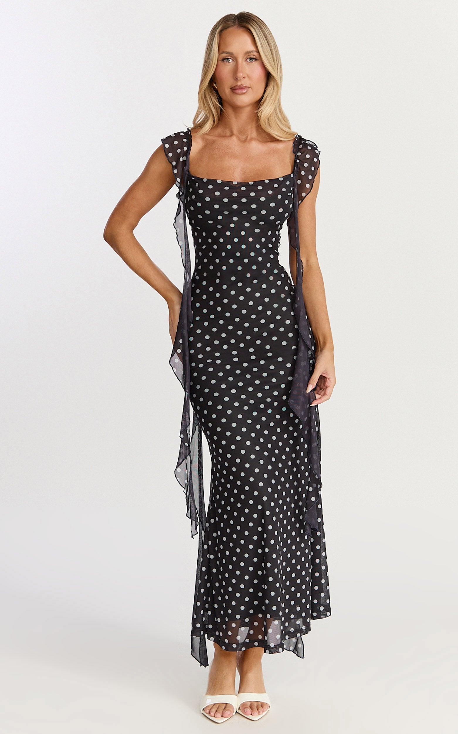 Rosha Midi Dress - Ruffle Strap Dress in Black Polkadot