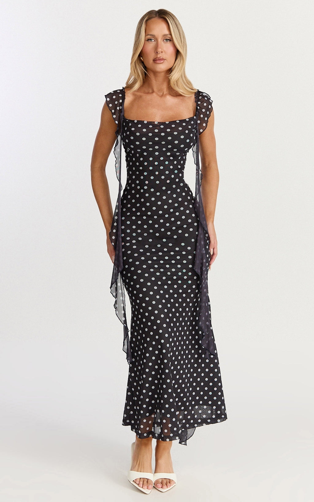 Rosha Midi Dress - Ruffle Strap Dress in Black Polkadot