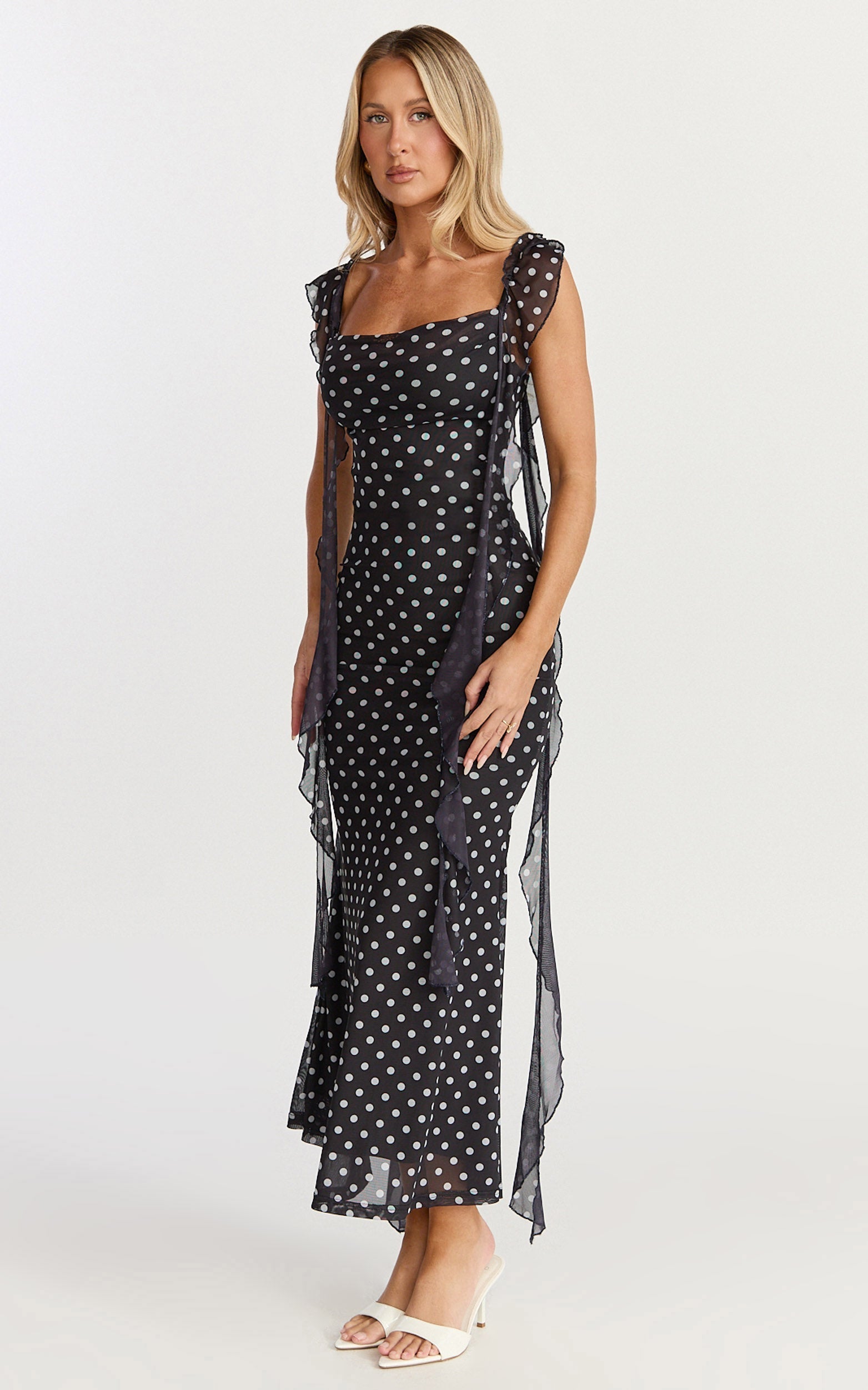Rosha Midi Dress - Ruffle Strap Dress in Black Polkadot