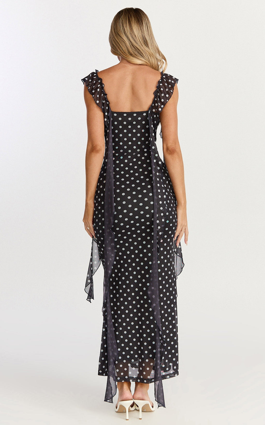 Rosha Midi Dress - Ruffle Strap Dress in Black Polkadot