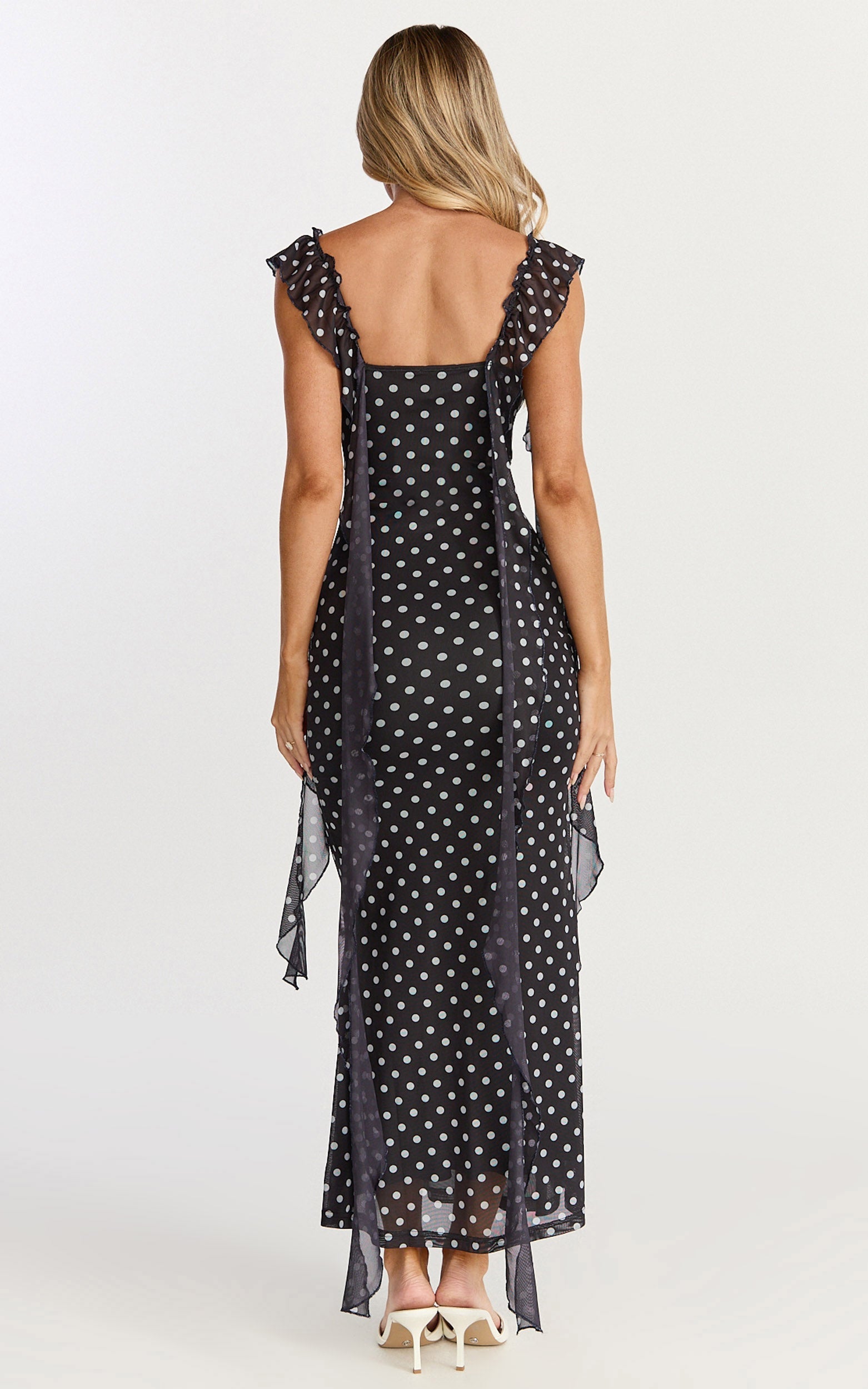 Rosha Midi Dress - Ruffle Strap Dress in Black Polkadot
