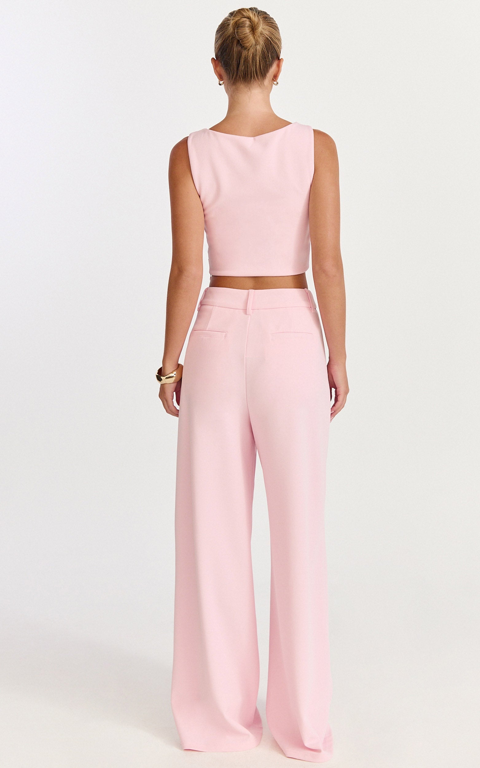 Helen Two Piece Set - Crepe Twisted Top And Wide Leg Pants in Pink