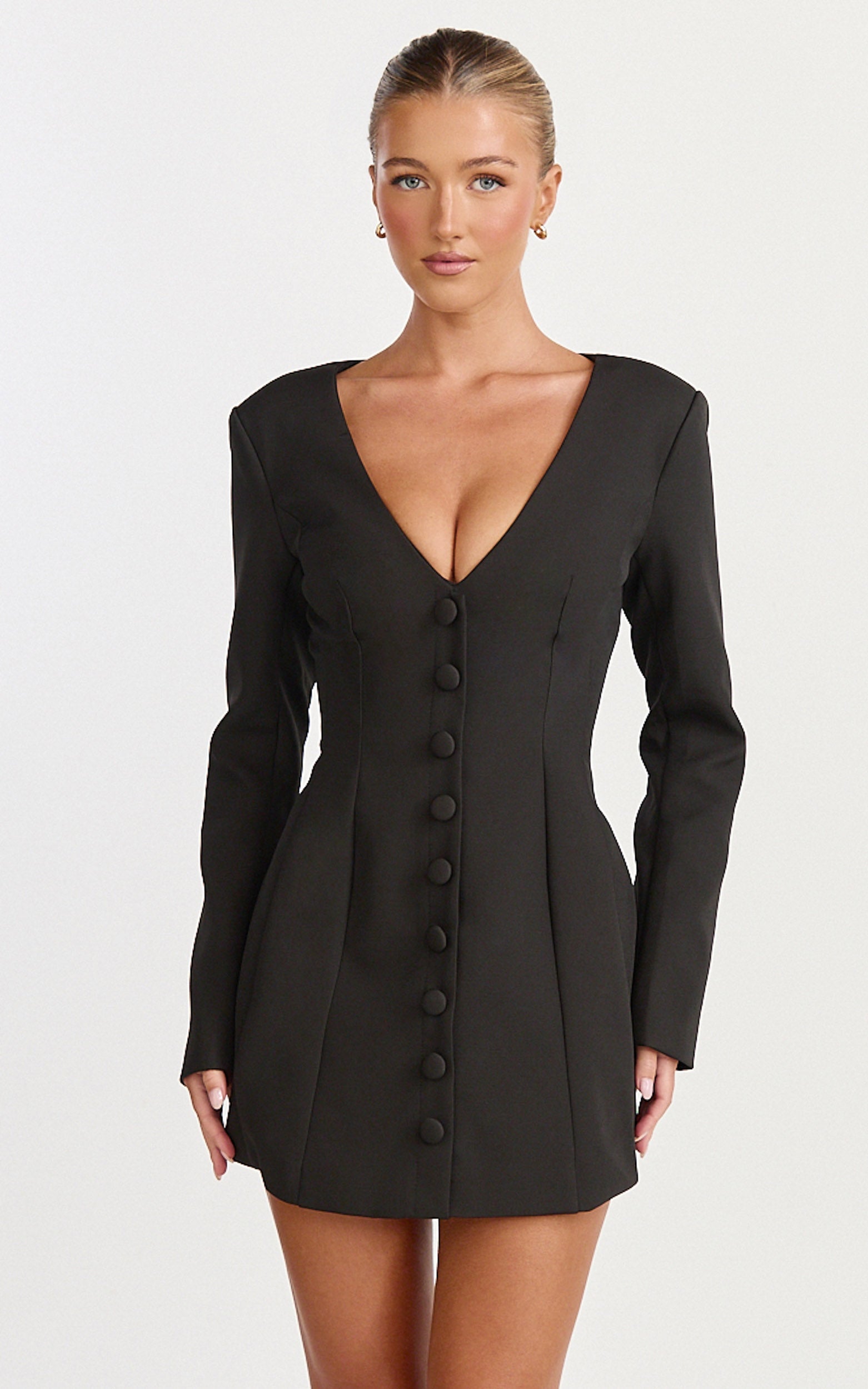 Lavender Mini Dress - Wide Neck Button Down Blazer Dress in Black