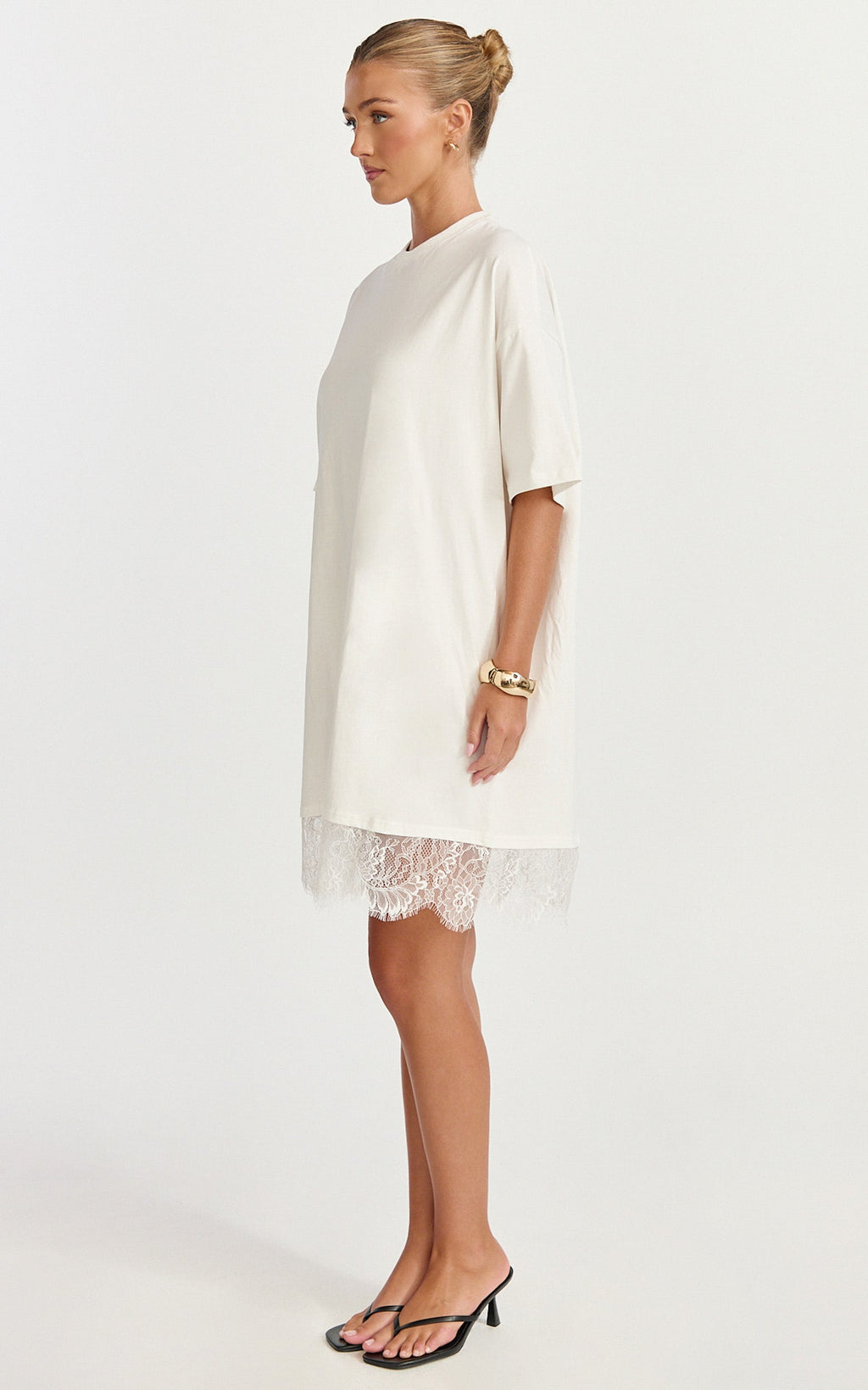Rina Mini Dress - Mini Lace Trim Dress in Off White
