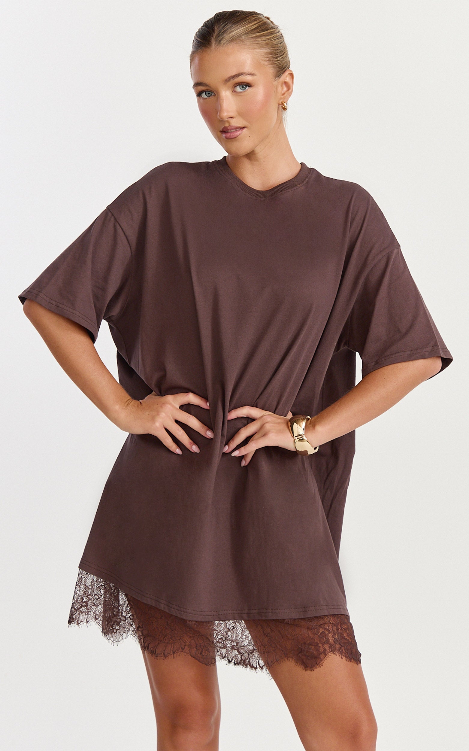 Rina Mini Dress - Mini Lace Trim Dress in Chocolate