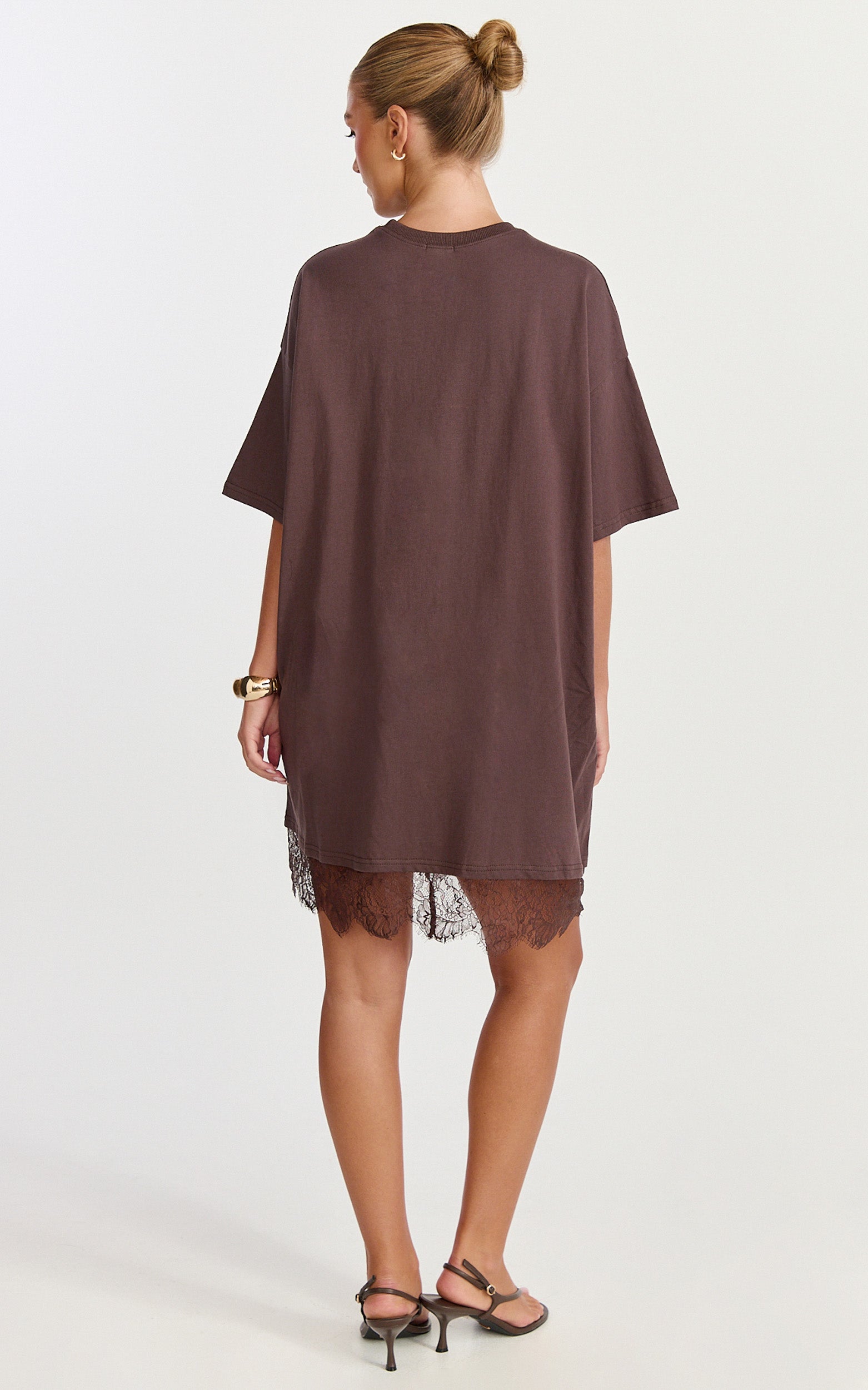 Rina Mini Dress - Mini Lace Trim Dress in Chocolate