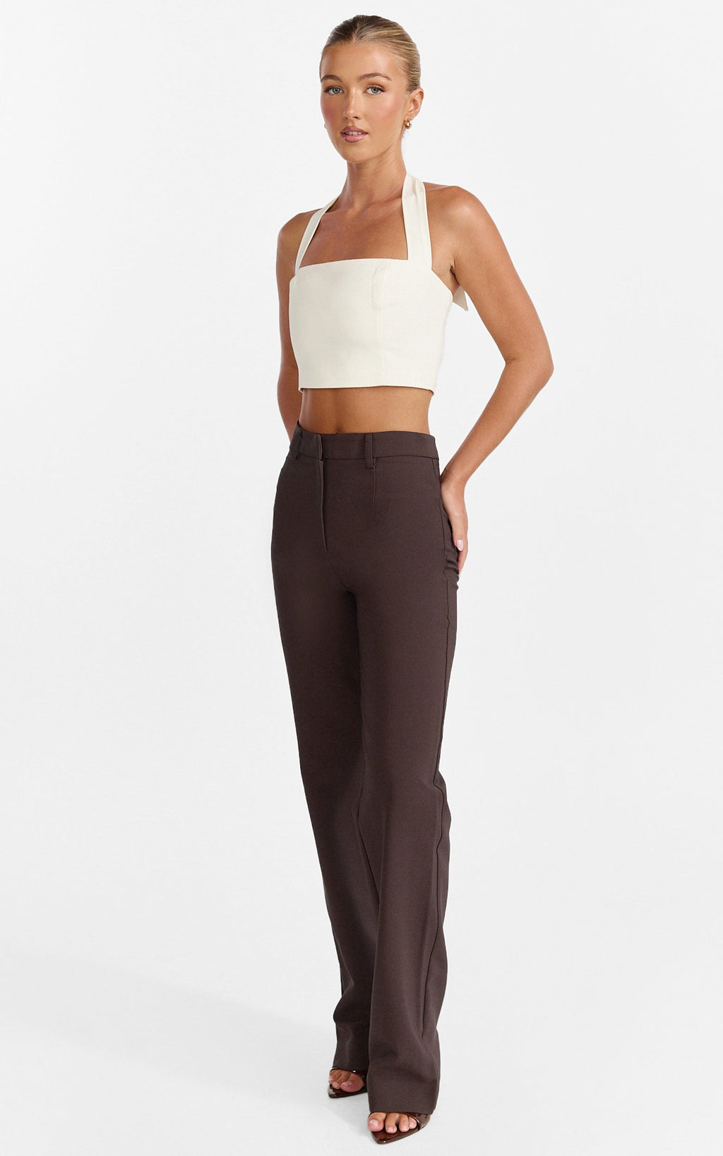 Sally Pants - Mid Waisted Straight Leg Tailored Pants in Chocolate