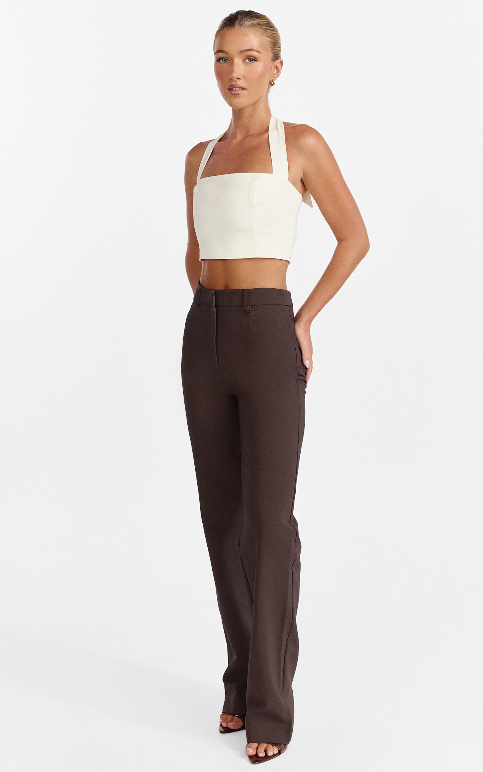 Sally Pants - Mid Waisted Straight Leg Tailored Pants in Chocolate