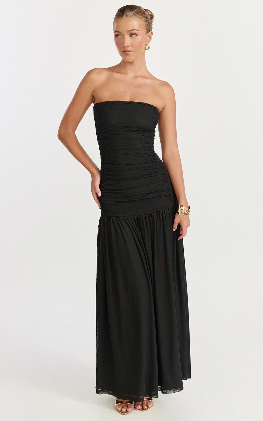Lara Maxi Dress - Strapless Ruched Mesh High Leg Split Dress in Black